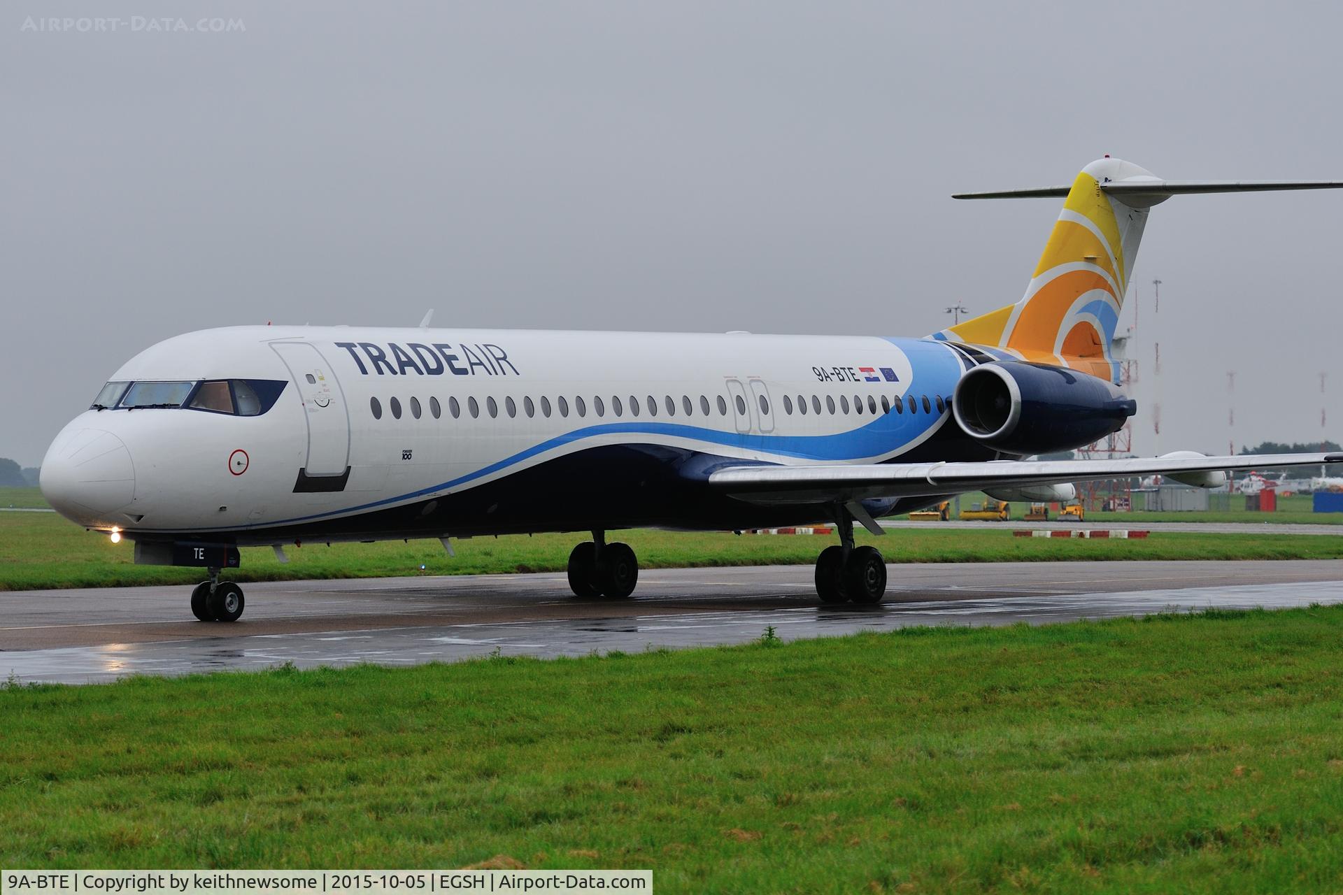 9A-BTE, 1992 Fokker 100 (F-28-0100) C/N 11416, Leaving wet Norwich.