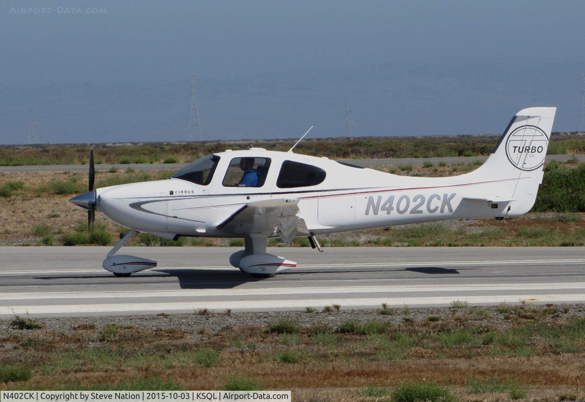 N402CK, Cirrus SR22T C/N 3404, Locally-based 2009 Cirrus Design SR22 Turbo rolling on takeoff @ San Carlos Airport, CA
