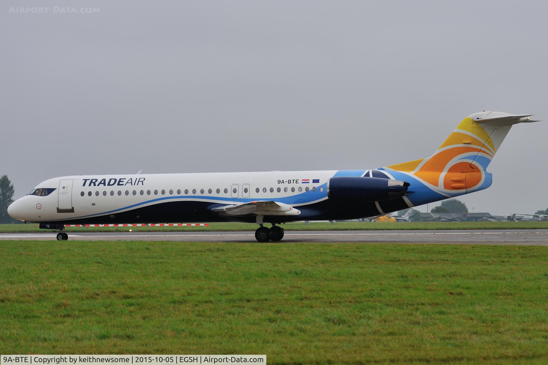 9A-BTE, 1992 Fokker 100 (F-28-0100) C/N 11416, Leaving wet Norwich.