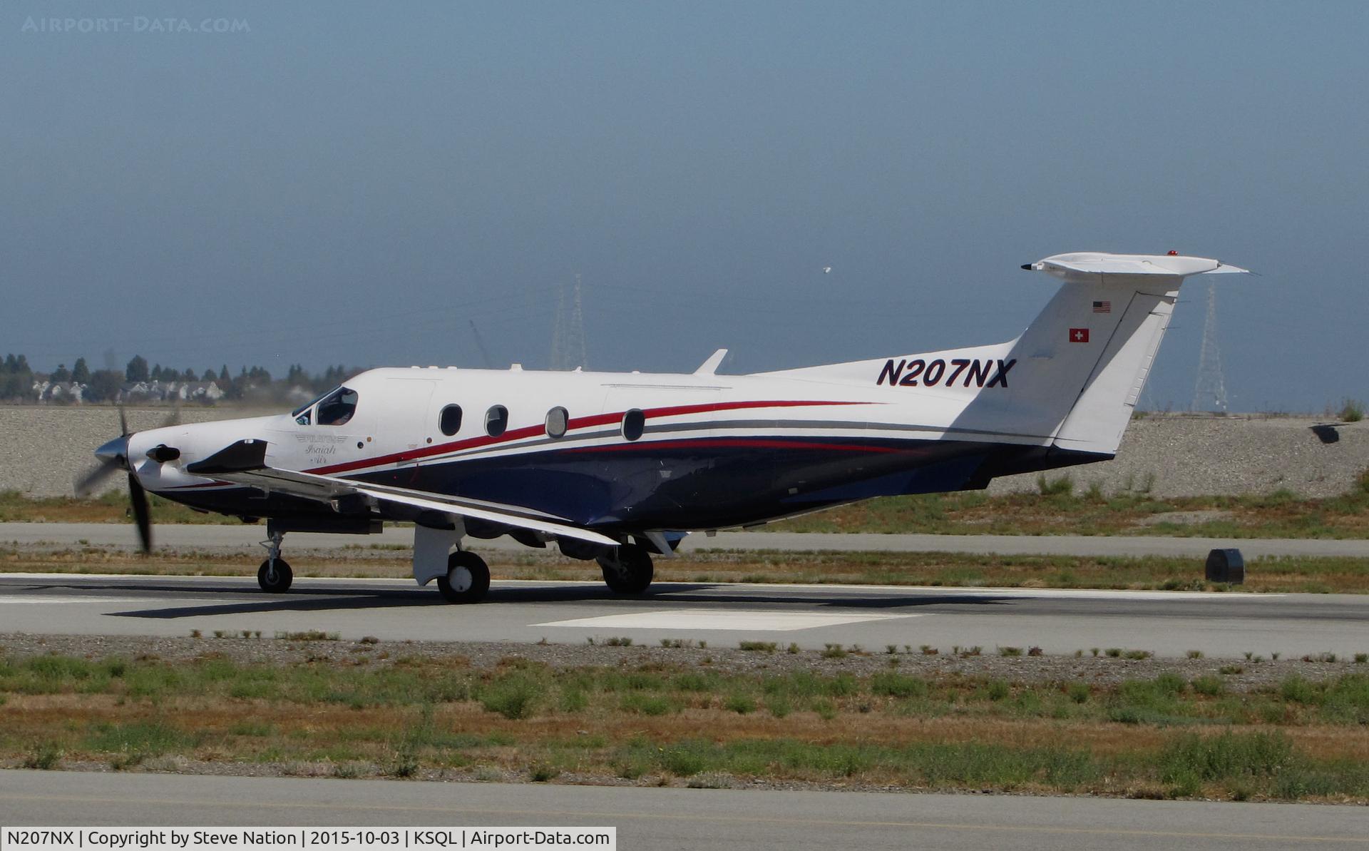 N207NX, 2010 Pilatus PC-12/47E C/N 1207, 2013 Pilatus PC-12/47E rolling on takeoff for KPDX/Portland International Airport, OR @ San Carlos Airport, CA