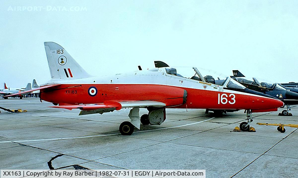 XX163, 1976 Hawker Siddeley Hawk T.1 C/N 010/312010, British Aerospace Hawk T.1 [312010] (Royal Air Force) RNAS Yeovilton~G 31/07/1982. From a slide.