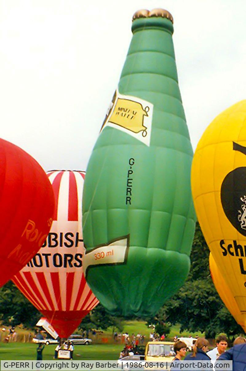 G-PERR, 1981 Cameron Balloons Bottle-60 C/N 699, Cameron Bottle-60 SS HAFB [699] Ashton Court~G 16/08/1986. From a slide.