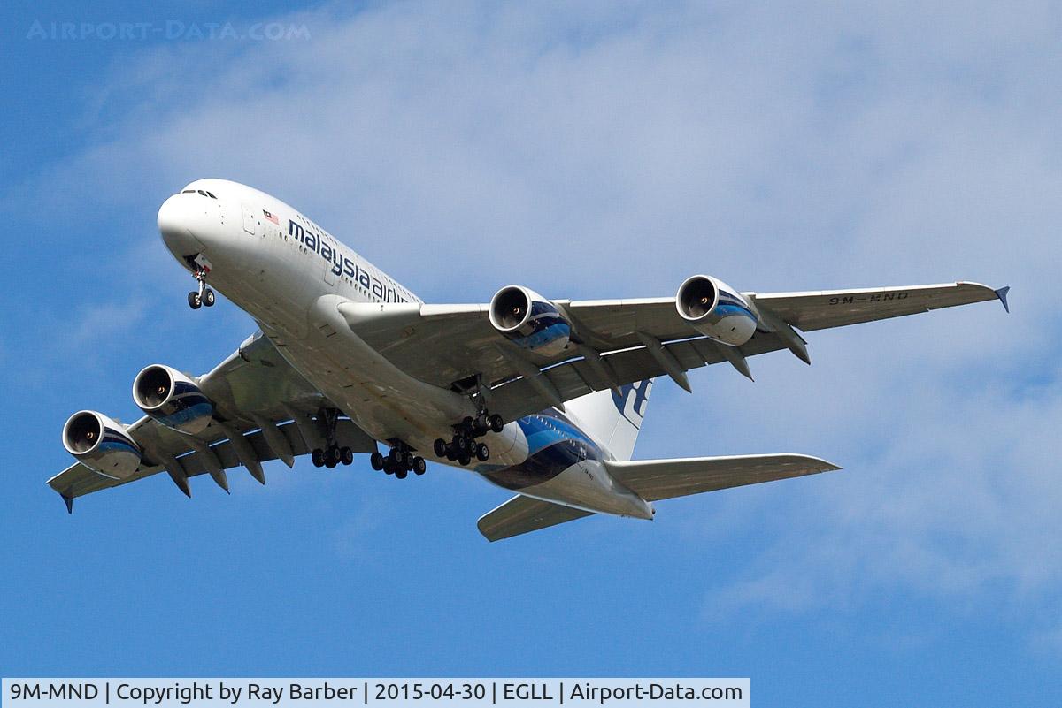 9M-MND, 2012 Airbus A380-841 C/N 089, Airbus A380-841 [089] (Malaysia Airlines) Home~G 30/04/2015. On approach 27R.