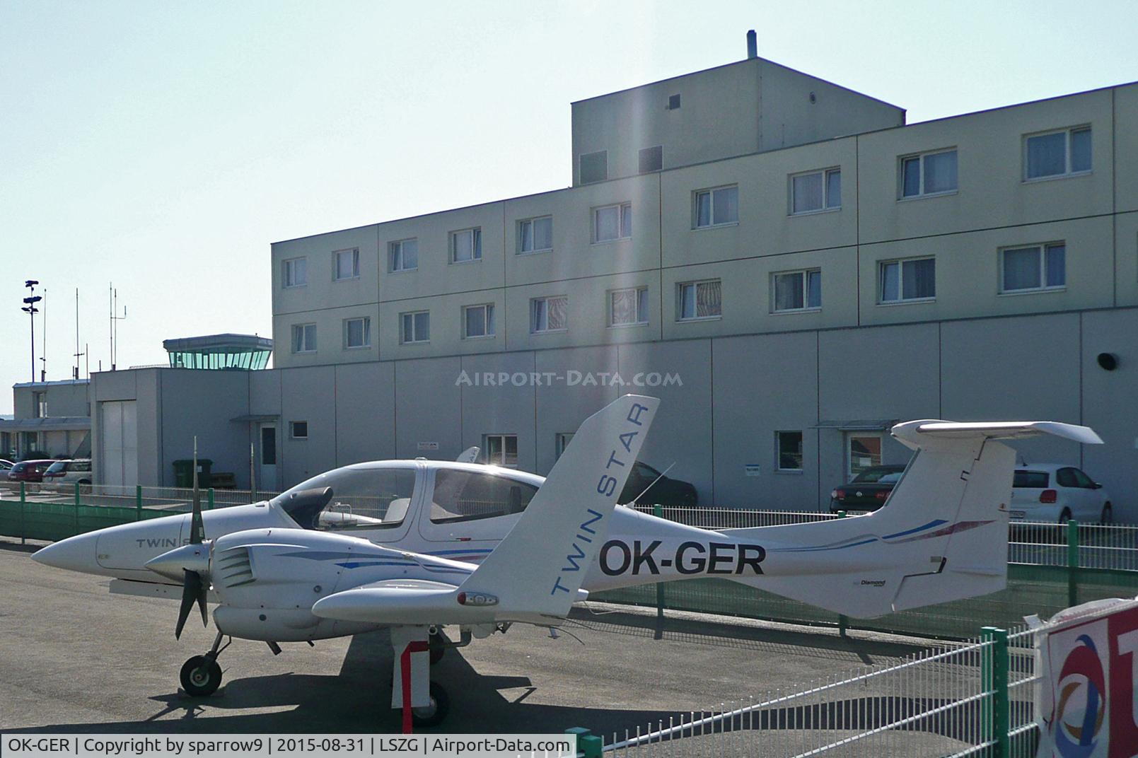 OK-GER, 2006 Diamond DA-42 Twin Star C/N 42.AC008, It was registered as HB-LZB for a short time, without beeing repainted. Always in front of the maintenance hangar.