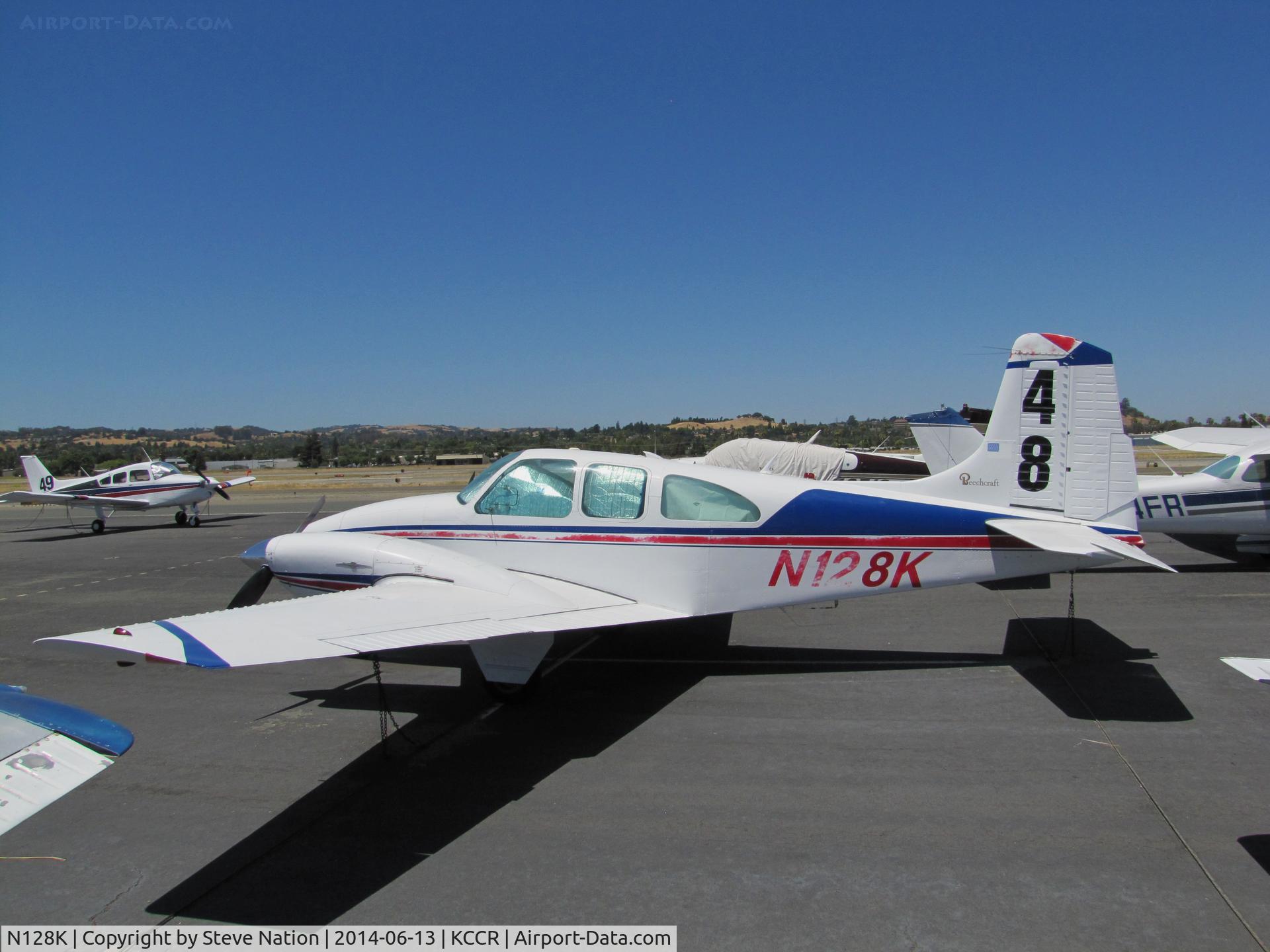 N128K, 1961 Beech B95A Travel Air C/N TD-488, SoCal-based 1961 Beech B95A Baron participated in 2014 Air Race Classic as #48. Photo @ Buchanan Field, Concord, CA 1st leg of cross-country race. Pilots Emily Lewis and Alicia Sikes called themselves the Friendly Fliers.