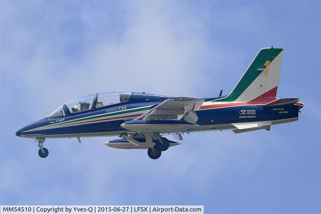MM54510, Aermacchi MB-339PAN C/N 6726/121/AA058, Italian Air Force Aermacchi MB-339PAN, Number 1 of Frecce Tricolori Aerobatic Team 2015, on final rwy 29, Luxeuil-Saint Sauveur Air Base 116 (LFSX) Open day 2015