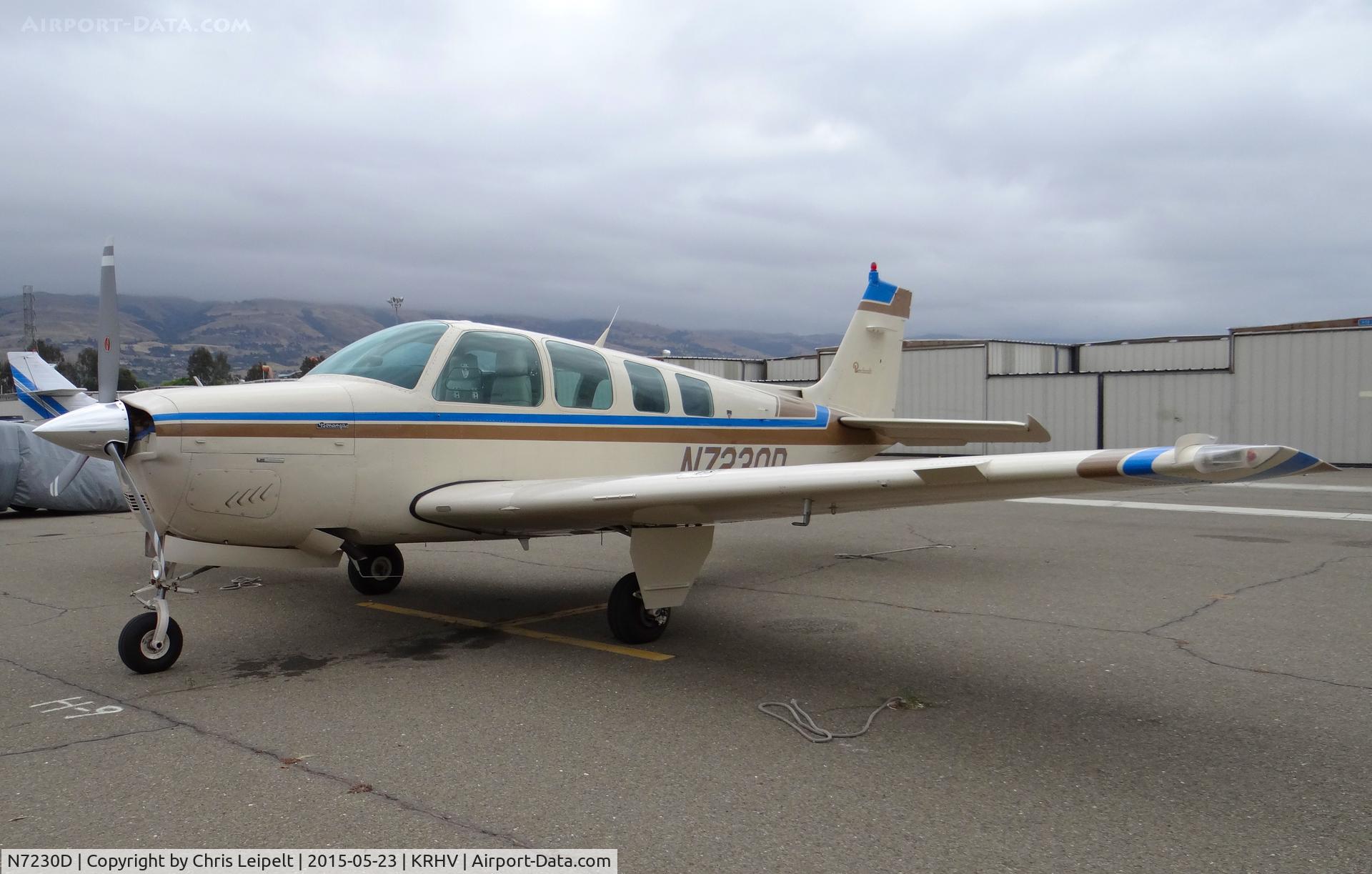 N7230D, 1985 Beech A36 Bonanza 36 C/N E-2281, Locally-based 1985 Beechcraft A36 Bonanza sitting in front of its hangar a few minutes before start up at Reid Hillview Airport, San Jose, CA.