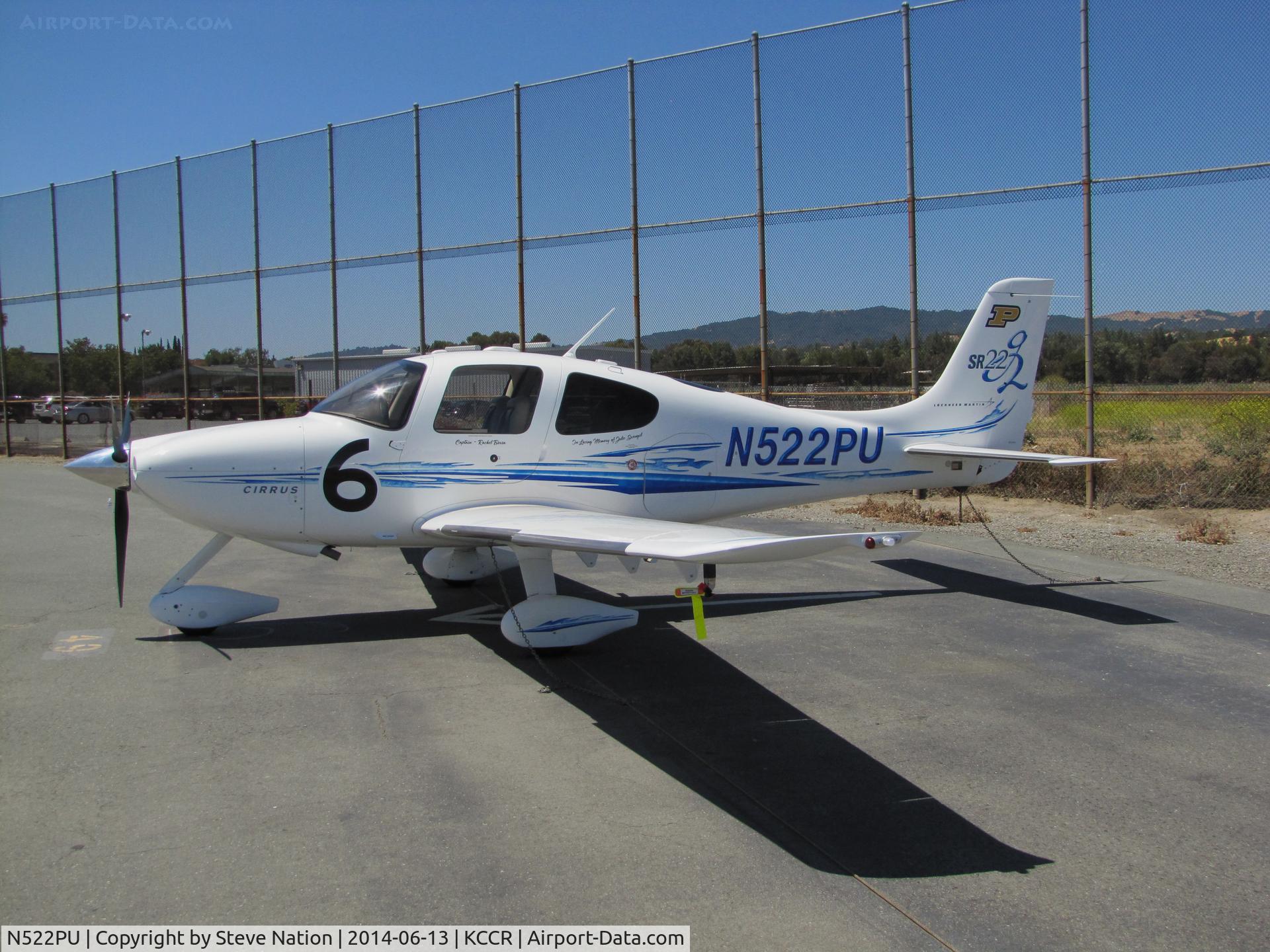 N522PU, 2005 Cirrus SR22 G2 C/N 1561, Purdue University 2005 Cirrus Design SR22 took part in 2014 Air Race Classic as Race #6. Photo at Buchanan Field, Concord, CA - the 1st leg on this annual cross country event. Pilots were Rachel Borsa and Haley Myers.