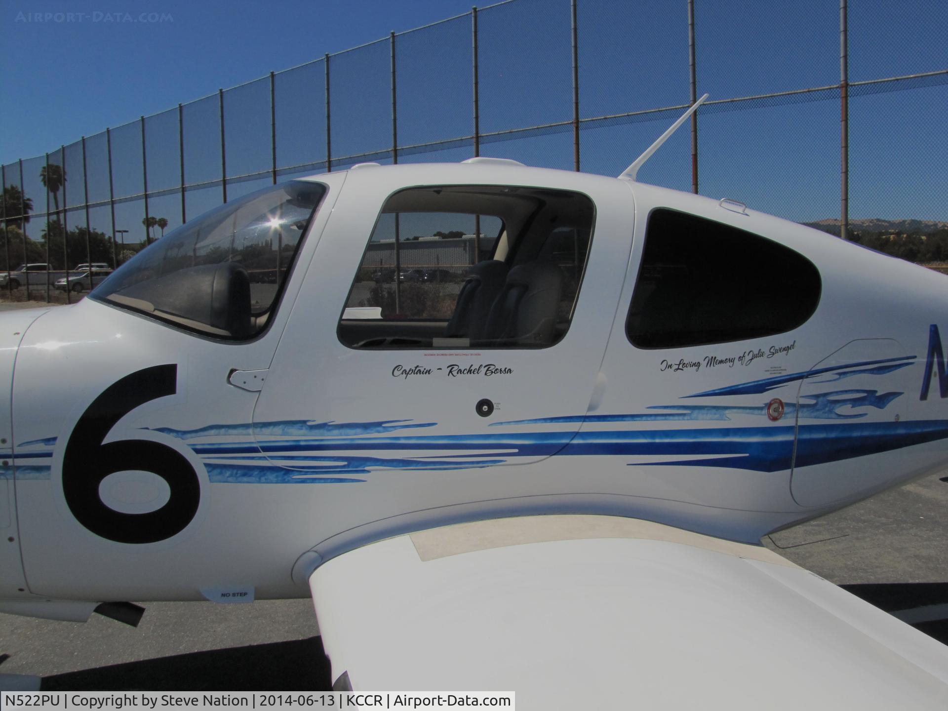 N522PU, 2005 Cirrus SR22 G2 C/N 1561, Purdue University 2005 Cirrus Design SR22 took part in 2014 Air Race Classic as Race #6. Pilots were Rachel Borsa and Haley Myers. LEFT SIDE reads 