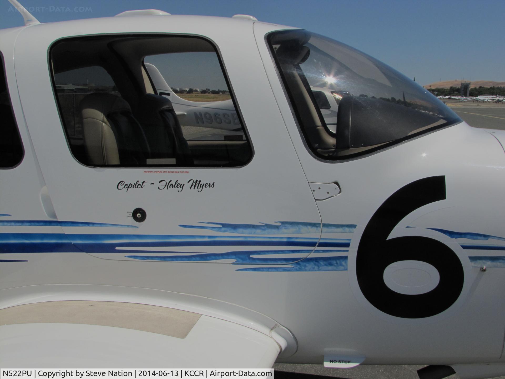 N522PU, 2005 Cirrus SR22 G2 C/N 1561, Purdue University 2005 Cirrus Design SR22 took part in 2014 Air Race Classic as Race #6. Photo at Buchanan Field, Concord, CA. Pilots were Rachel Borsa and Haley Myers. RIGHT SIDE reads 