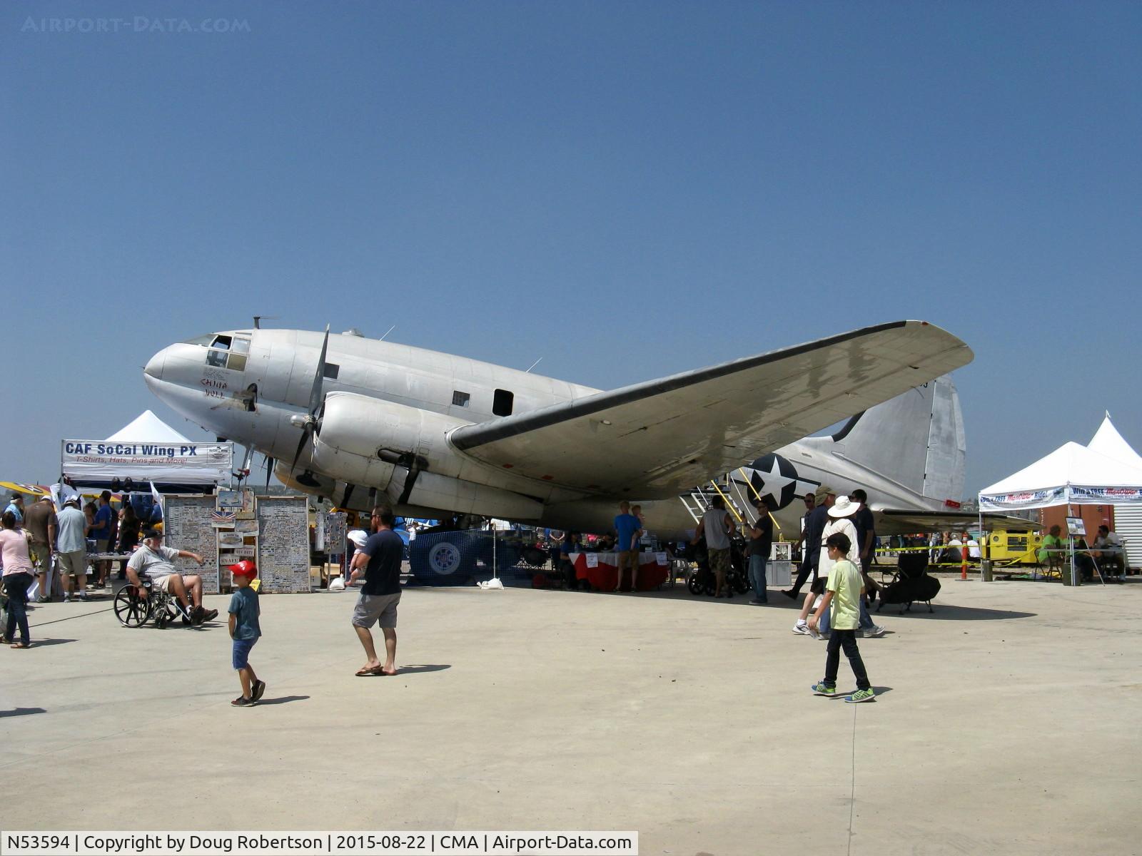 N53594, 1944 Curtiss C-46F Commando C/N 22486, 1944 Curtiss Wright C46F COMMANDO  'China Doll' ex 'Humpty-Dumpty', two P&W R-2800-34 18 cyl. Double Wasp radials 2,100 Hp each. The SoCal CAF Wing's signature aircraft.