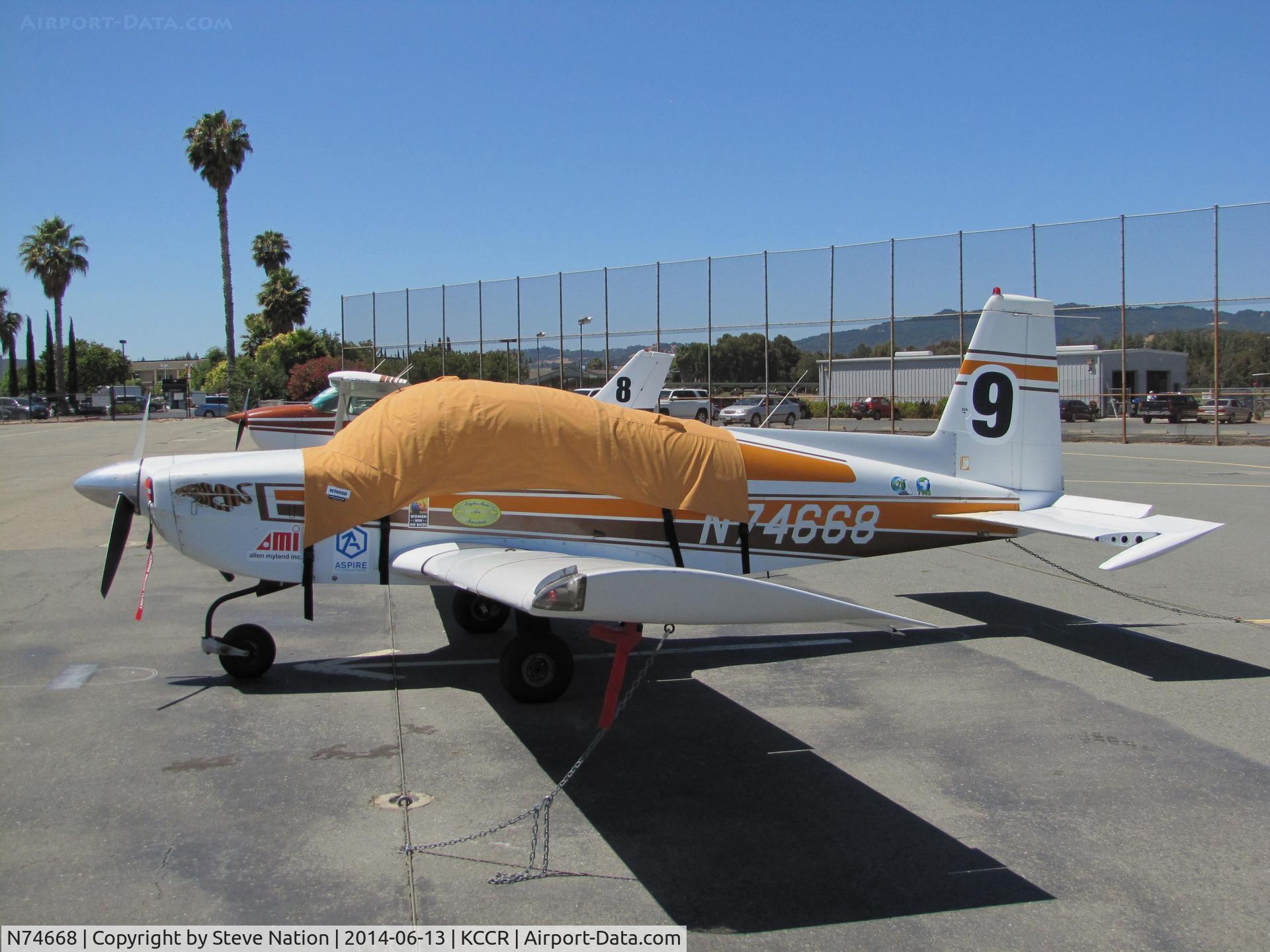 N74668, 1976 Grumman American AA-5B Tiger C/N AA5B0333, This 1976 Grumman AA-5B Tiger took part in 2014 Air Race Classic as Race #9. Photo taken @ Buchanan Field, Concord, CA the 1st leg of this cross country event. Pilots Juliet Lindrooth and Teresa Morse were the 