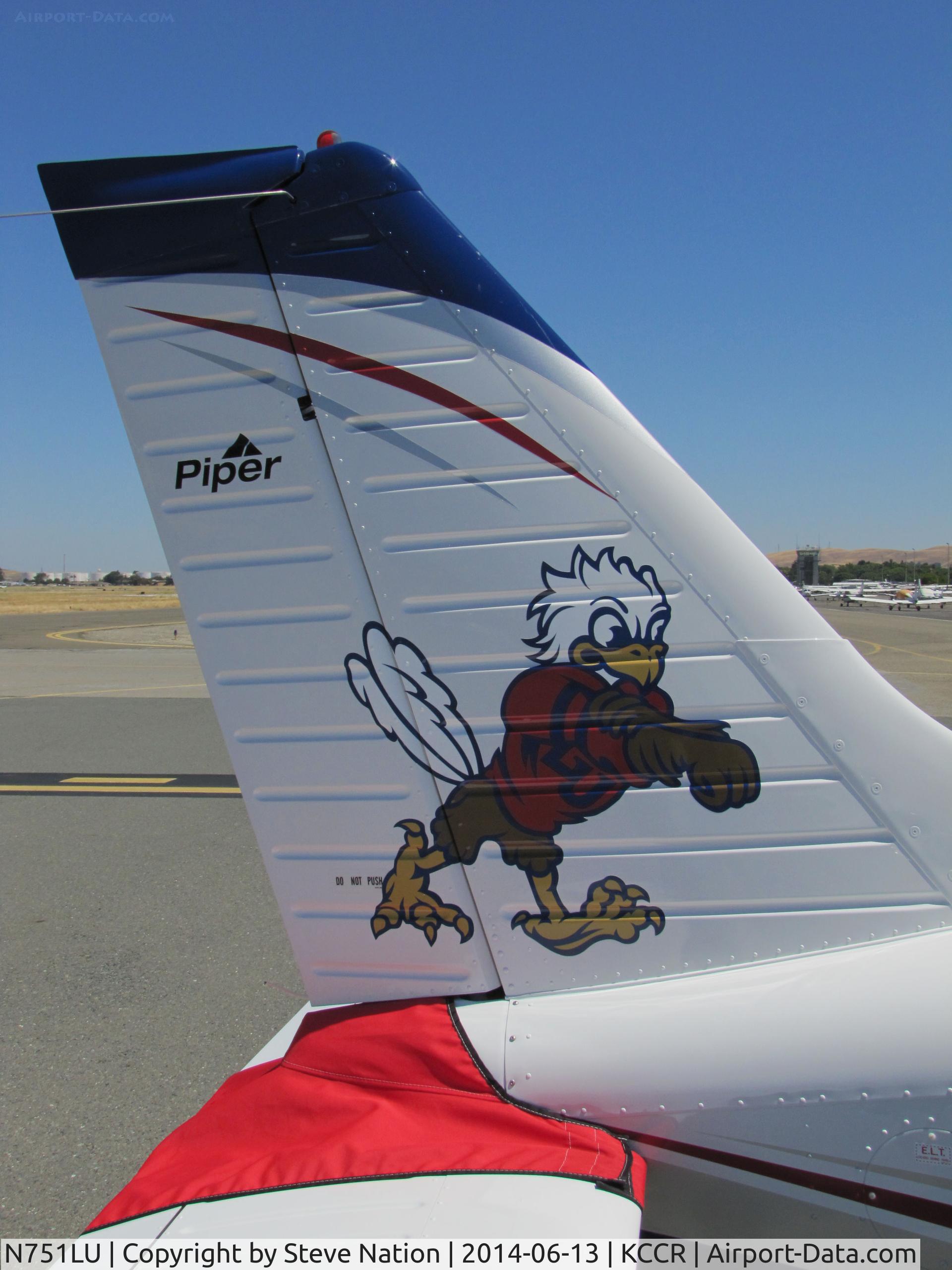N751LU, 2013 Piper PA-28R-201 Cherokee Arrow III Cherokee Arrow III C/N 2844146, Liberty University 2013 Piper PA-28R-201 Cherokee Arrow III took part in 2014 Air Race Classic as race #14. Photo @ Buchanan Field, Concord, CA prior to start of the annual cross country event. Close-Up tail showing Liberty's Sparky the Eagle logo.