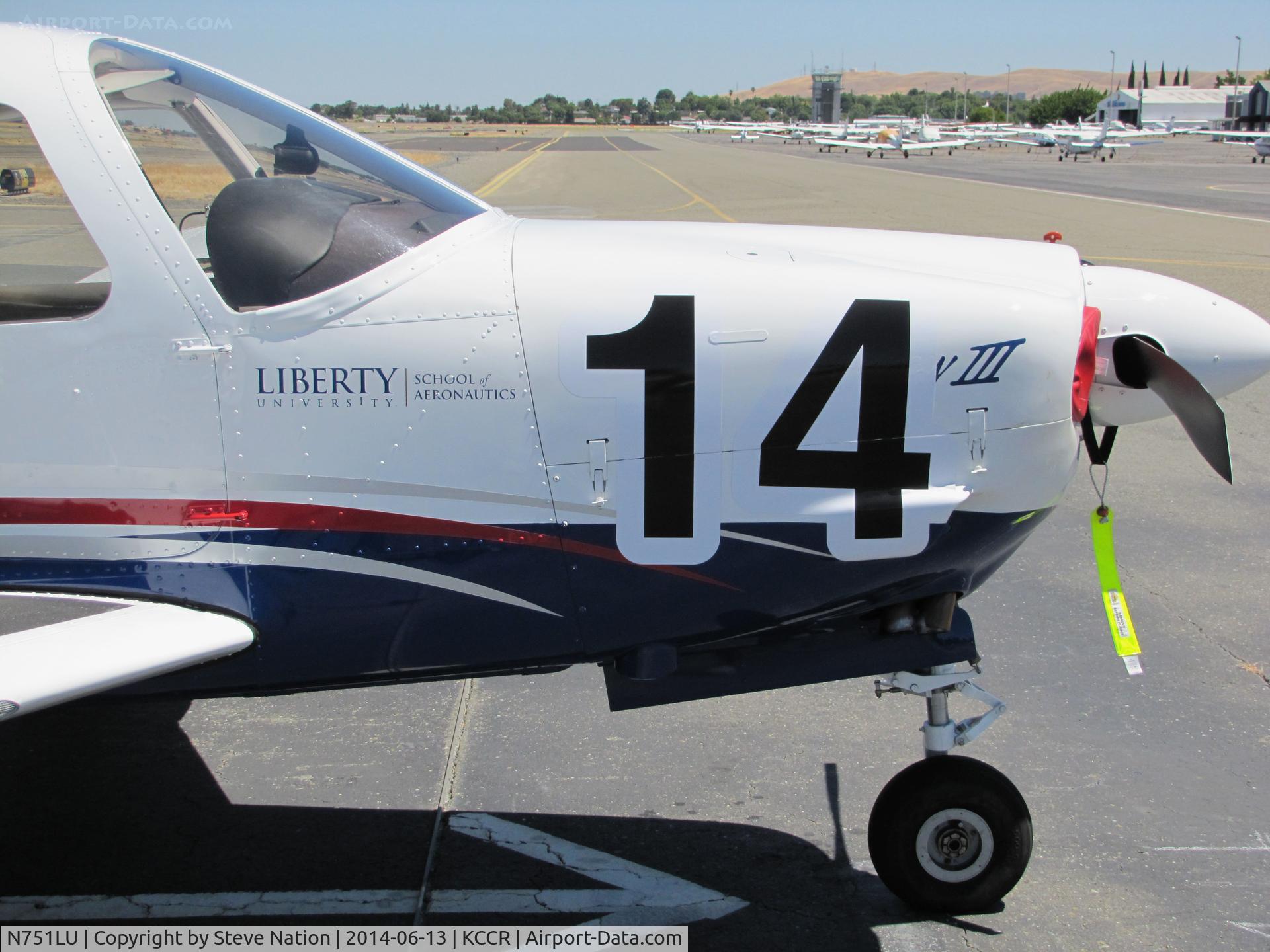 N751LU, 2013 Piper PA-28R-201 Cherokee Arrow III Cherokee Arrow III C/N 2844146, Liberty University 2013 Piper PA-28R-201 Cherokee Arrow III took part in 2014 Air Race Classic as race #14. Photo @ Buchanan Field, Concord, CA prior to start of the annual cross country event. Close-Up right side showing Liberty University titles.