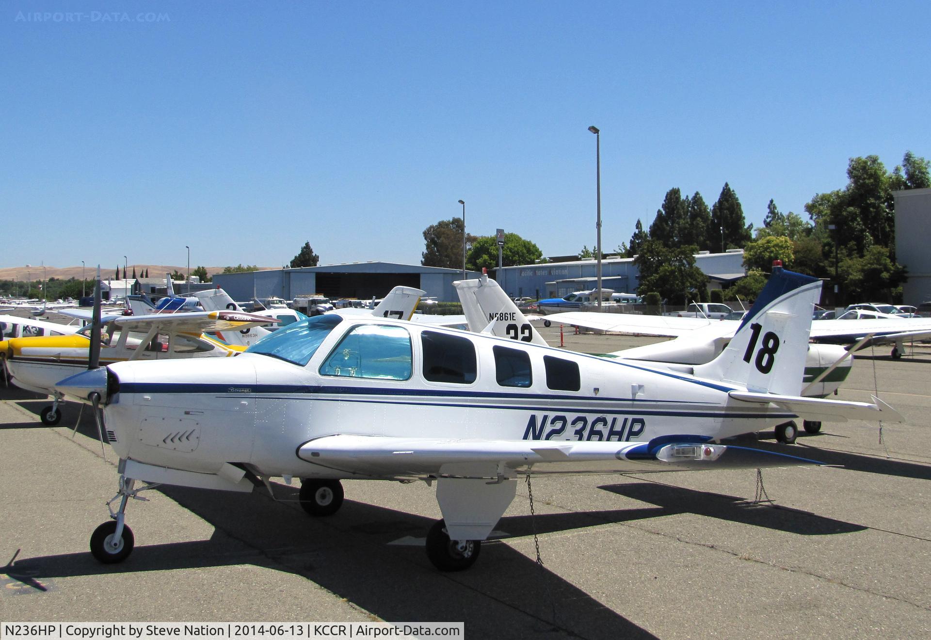 N236HP, 1987 Beech A36 Bonanza 36 C/N E-2399, SoCal-based 1987 Beech A36 Bonanza took part in 2014 Air Race Classic as Race #18. Photo @ Buchanan Field, Concord, CA prior to start of the annual cross country event. Pilots were Terry Nitz, Roberta Boucher & Leo Ford aka the 