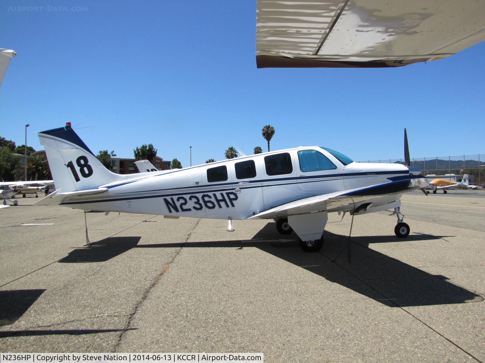 N236HP, 1987 Beech A36 Bonanza 36 C/N E-2399, SoCal-based 1987 Beech A36 Bonanza took part in 2014 Air Race Classic as Race #18. Photo @ Buchanan Field, Concord, CA prior to start of the annual cross country event. Pilots were Terry Nitz, Roberta Boucher & Leo Ford aka the 