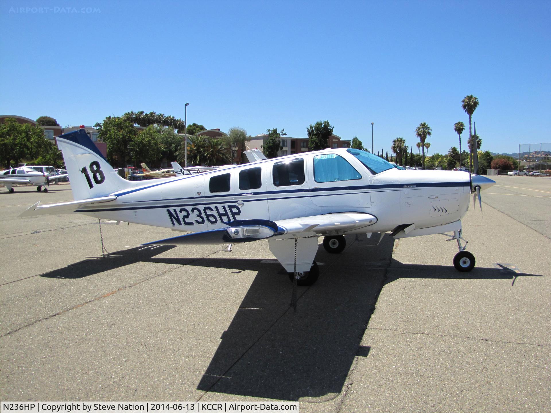 N236HP, 1987 Beech A36 Bonanza 36 C/N E-2399, SoCal-based 1987 Beech A36 Bonanza took part in 2014 Air Race Classic as Race #18. Photo @ Buchanan Field, Concord, CA prior to start of the annual cross country event. Pilots were Terry Nitz, Roberta Boucher & Leo Ford aka the 