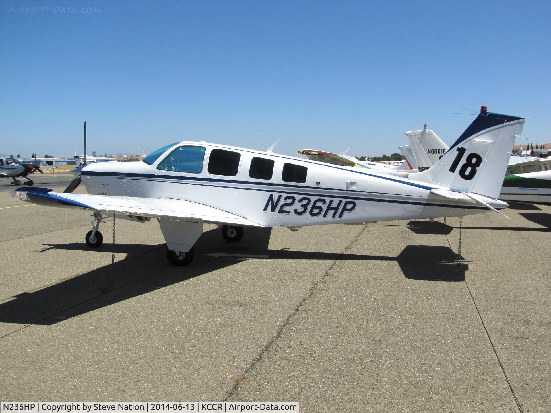 N236HP, 1987 Beech A36 Bonanza 36 C/N E-2399, SoCal-based 1987 Beech A36 Bonanza took part in 2014 Air Race Classic as Race #18. Photo @ Buchanan Field, Concord, CA prior to start of the annual cross country event. Pilots were Terry Nitz, Roberta Boucher & Leo Ford aka the 