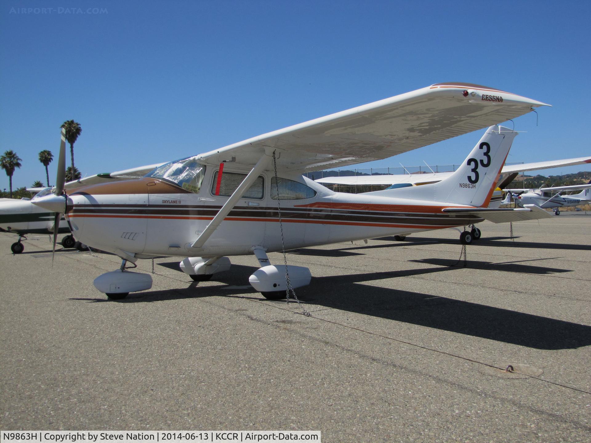 N9863H, 1981 Cessna 182R Skylane C/N 18268079, Illinois-based 1981 Cessna 182R Skylane took part in 2014 Air Race Classic as Race #33. Photo @ Buchanan Field, Concord, CA prior to start of the annual cross country event. Pilots were Michelle Bassanesi and Gretchen Jahn aka 