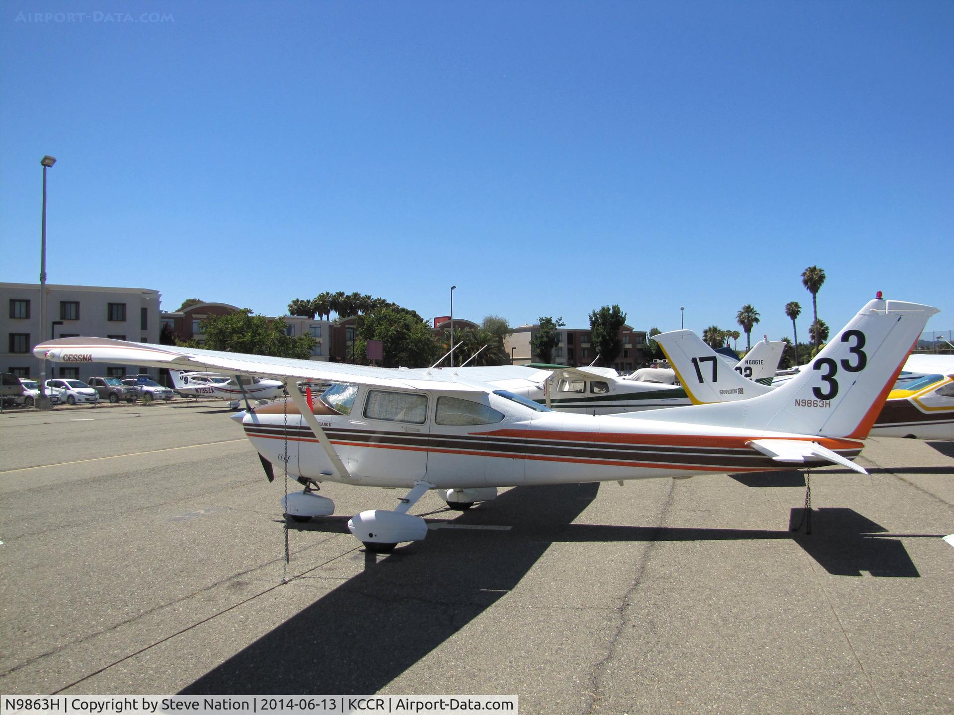 N9863H, 1981 Cessna 182R Skylane C/N 18268079, Illinois-based 1981 Cessna 182R Skylane took part in 2014 Air Race Classic as Race #33. Photo @ Buchanan Field, Concord, CA prior to start of the annual cross country event. Pilots were Michelle Bassanesi a