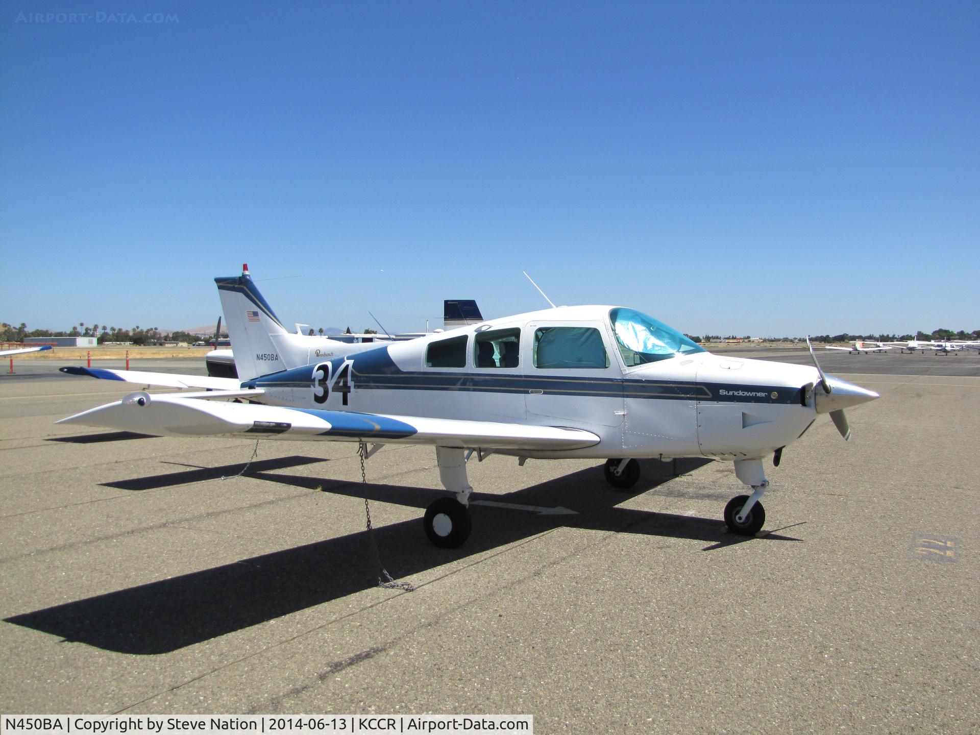 N450BA, 1981 Beech C23 Sundowner 180 C/N M-2342, New York-based 1981 Beech C23 Sundowner took part in 2014 Air Race Classic as Race #34. Photo @ Buchanan Field, Concord, CA with #34 applied prior to start of the cross country race. Pilots were Sue Jones & Minnetta Gardinier aka 