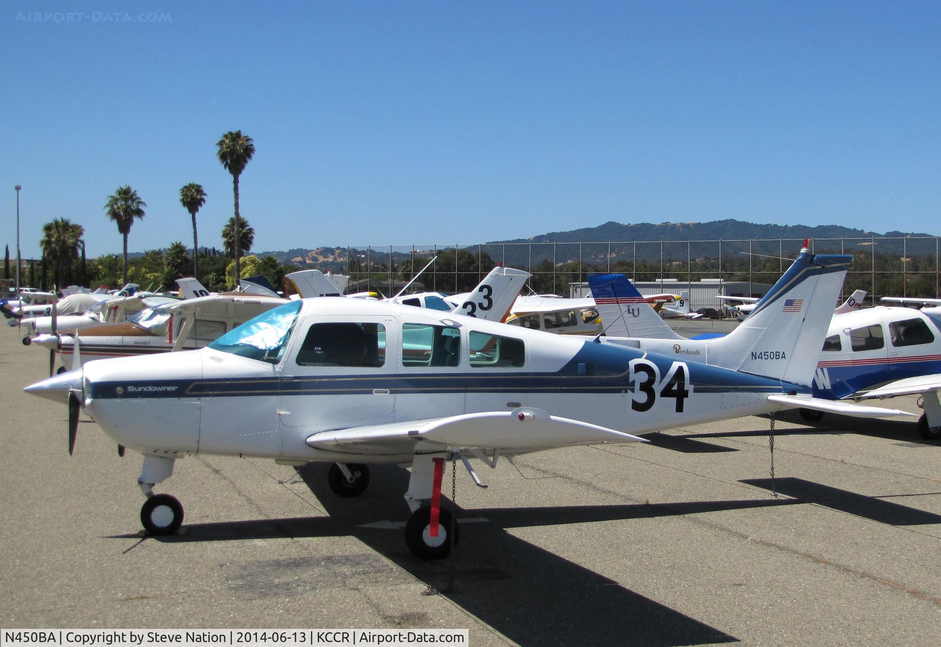 N450BA, 1981 Beech C23 Sundowner 180 C/N M-2342, New York-based 1981 Beech C23 Sundowner took part in 2014 Air Race Classic as Race #34. Photo @ Buchanan Field, Concord, CA with #34 applied prior to start of the cross country race. Pilots were Sue Jones & Minnetta Gardinier aka 