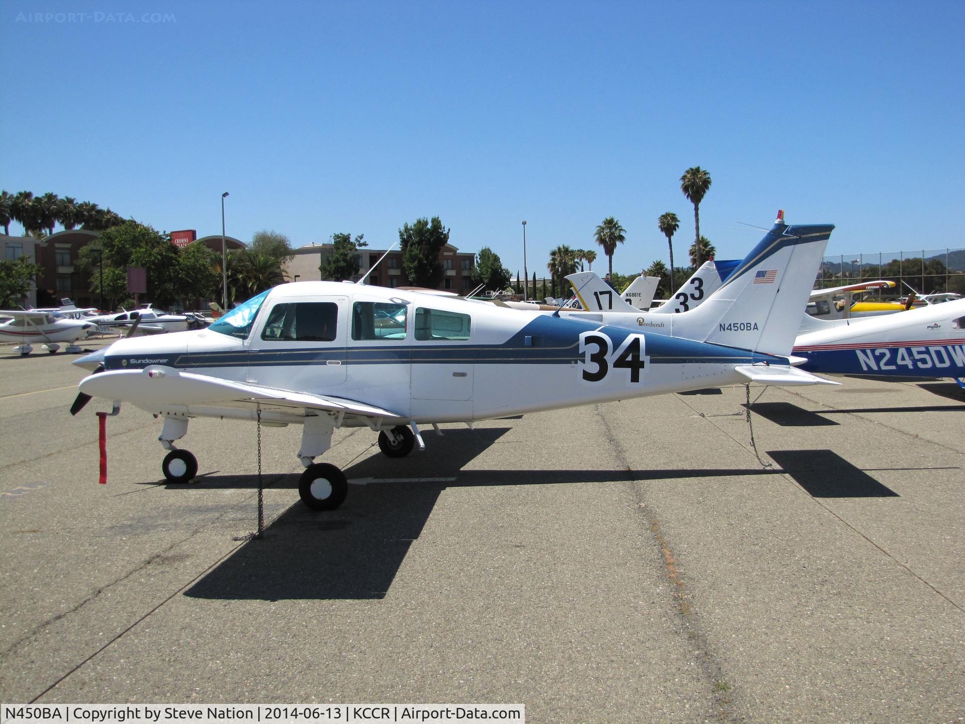 N450BA, 1981 Beech C23 Sundowner 180 C/N M-2342, New York-based 1981 Beech C23 Sundowner took part in 2014 Air Race Classic as Race #34. Photo @ Buchanan Field, Concord, CA with #34 applied prior to start of the cross country race. Pilots were Sue Jones & Minnetta Gardinier aka 
