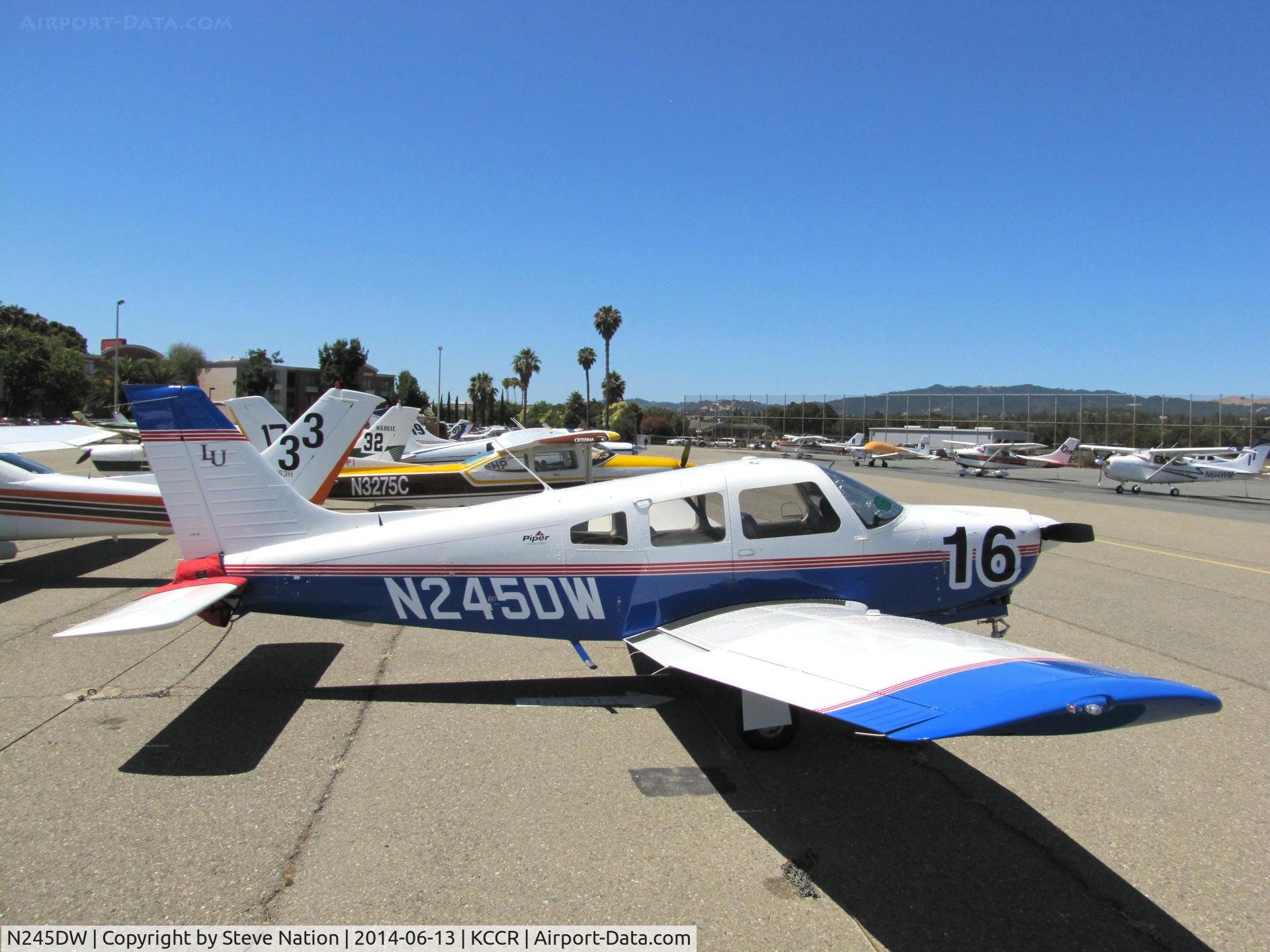 N245DW, 2003 Piper PA-28R-201 Cherokee Arrow III C/N 2844090, Liberty University 2003 Piper PA-28R-201 Cherokee Arrow III took part in 2014 Air Race Classic as Race #16. Photo @ Concord, CA prior to start of the cross country race. Pilots Melody Dowlearn and Alicia Isacson, aka 