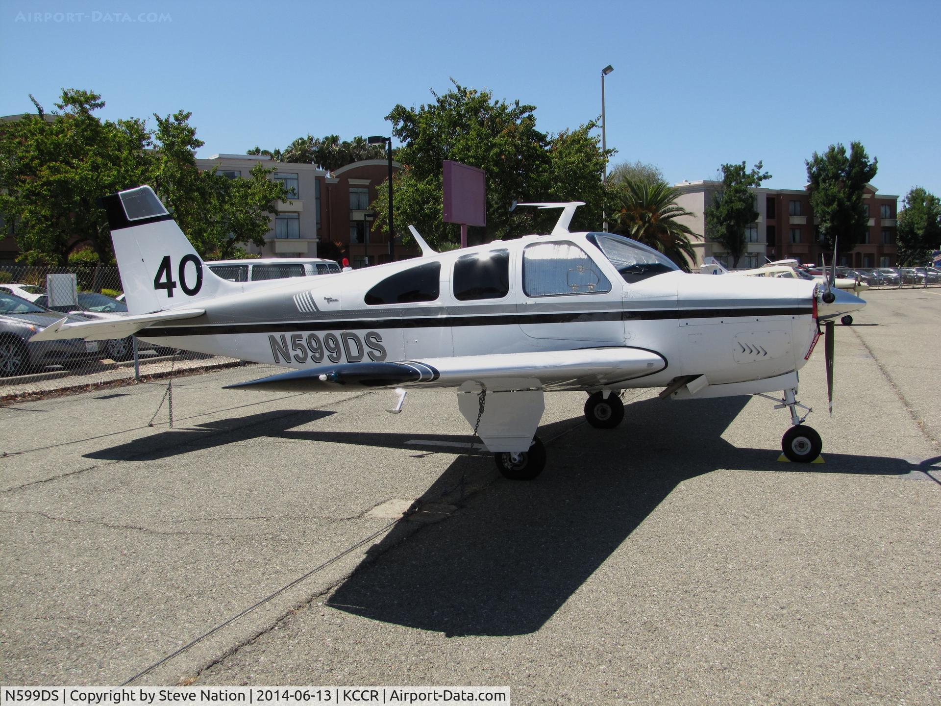 N599DS, 1967 Beech E33A Bonanza C/N CE-182, Ventura County, CA-based 1967 Beech E33A Bonanza took part in 2014 Air Race Classic as Race #40. Photo at Concord, CA prior to start of the cross country event. Pilots were Lucia Gaigano and Judy Phelps aka 