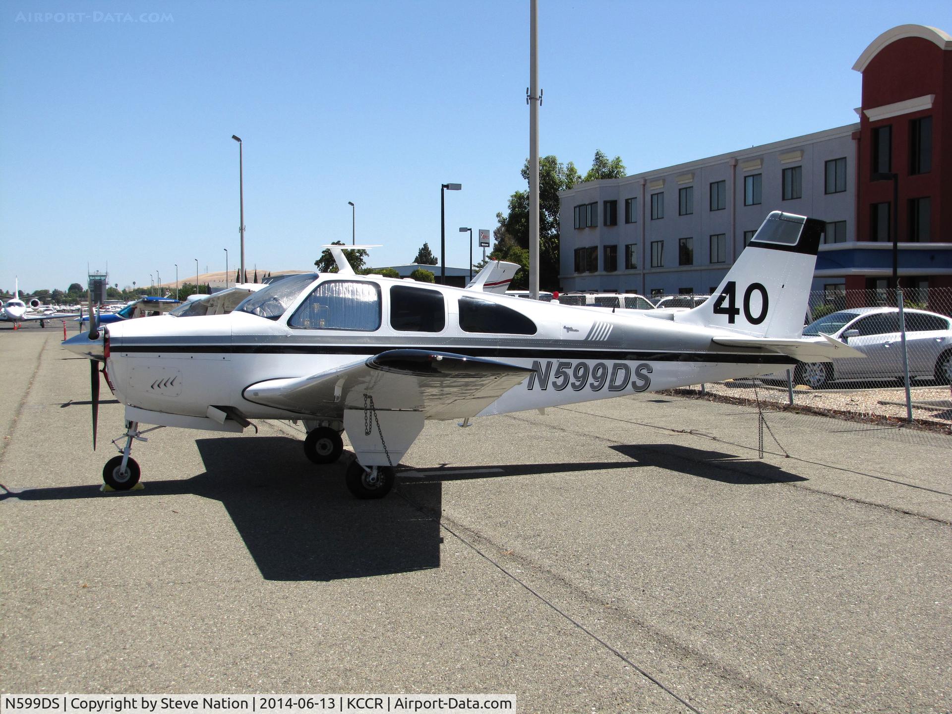 N599DS, 1967 Beech E33A Bonanza C/N CE-182, Ventura County, CA-based 1967 Beech E33A Bonanza took part in 2014 Air Race Classic as Race #40. Photo at Concord, CA prior to start of the cross country event. Pilots were Lucia Gaigano and Judy Phelps aka 