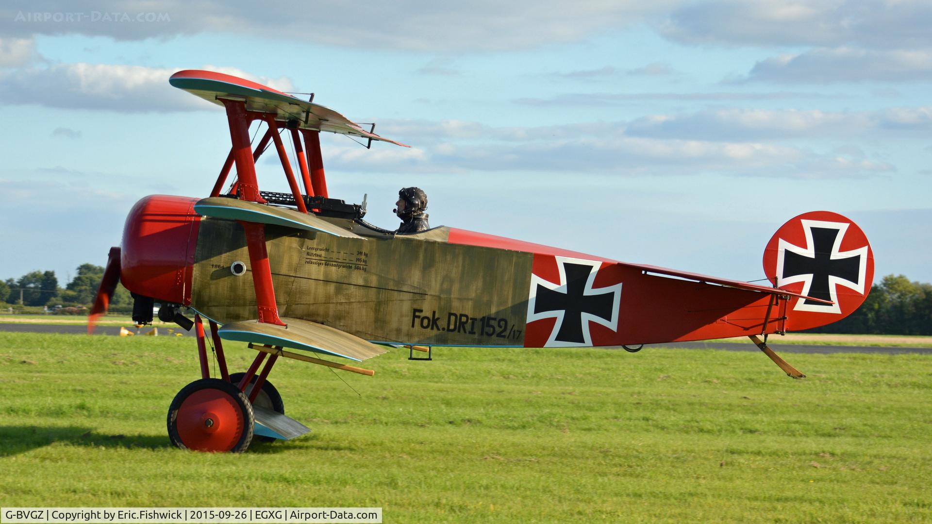 G-BVGZ, 1994 Fokker Dr.1 Triplane Replica C/N PFA 238-12654, x. G-BVGZ departing The Yorkshire Air Show, Church Fenton, Sept. 2015.