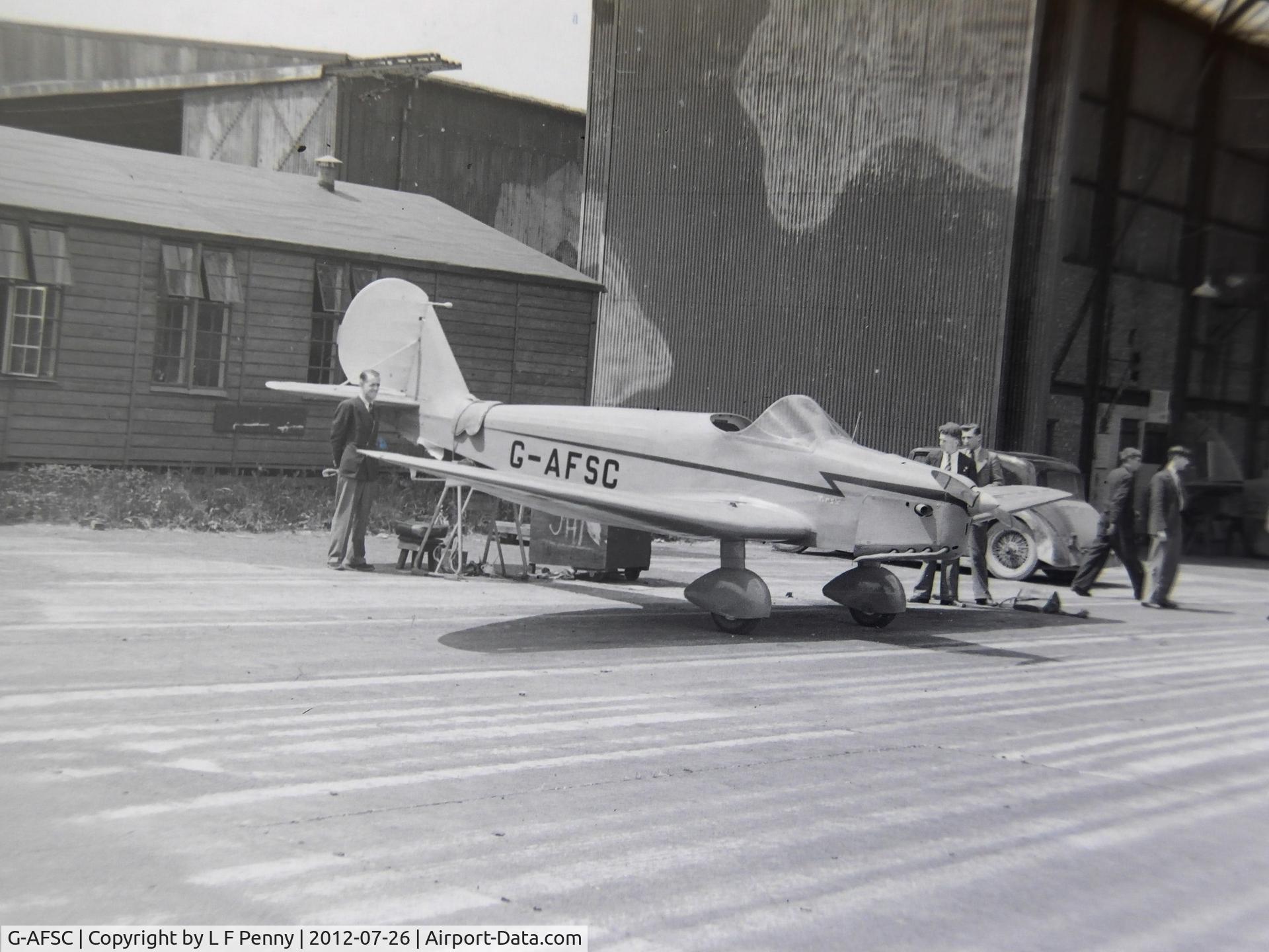 G-AFSC, 1939 Tipsy Trainer 1 C/N 11, Photo taken by my father post war, possibly at Handley Page at Radlett.
Photographed from a negative and the reversed.