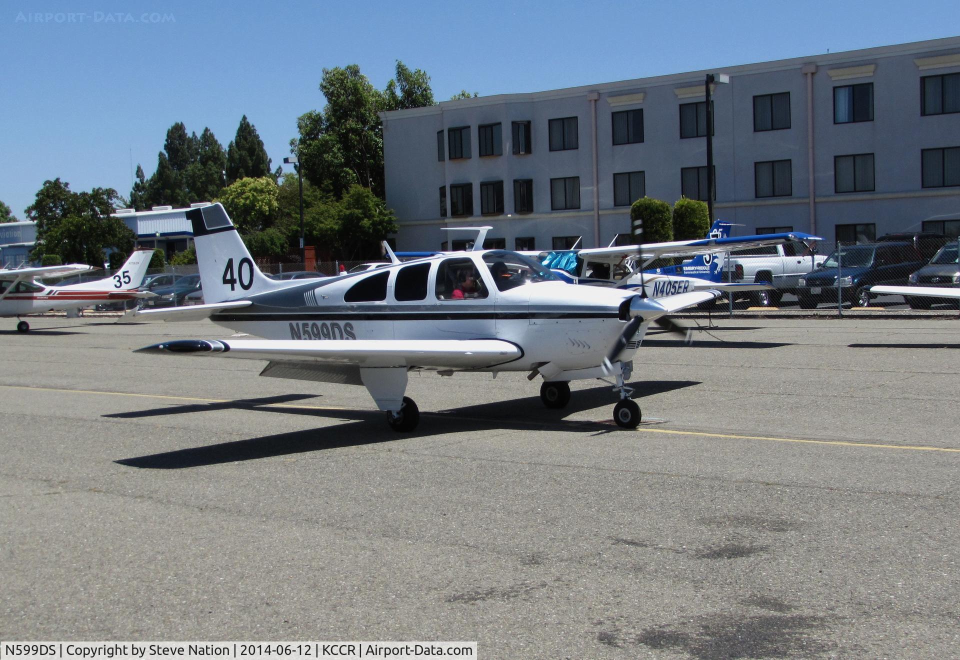 N599DS, 1967 Beech E33A Bonanza C/N CE-182, Ventura County, CA-based 1967 Beech E33A Bonanza arriving for the 2014 Air Race Classic as Race #40. Photo at Concord, CA prior to start of the cross country event. Pilots were Lucia Gaigano and Judy Phelps aka 