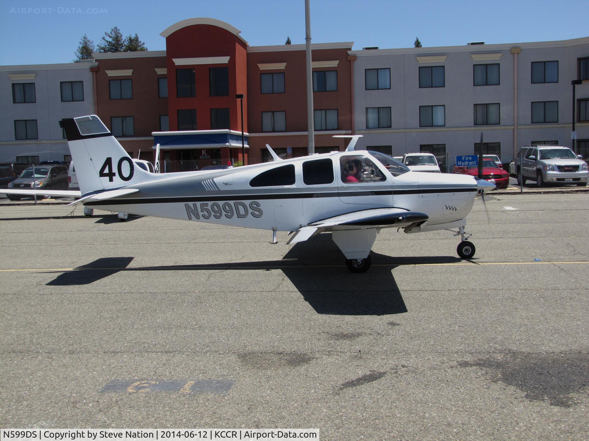 N599DS, 1967 Beech E33A Bonanza C/N CE-182, Ventura County, CA-based 1967 Beech E33A Bonanza arriving for the 2014 Air Race Classic as Race #40. Photo at Concord, CA prior to start of the cross country event. Pilots were Lucia Gaigano and Judy Phelps aka 