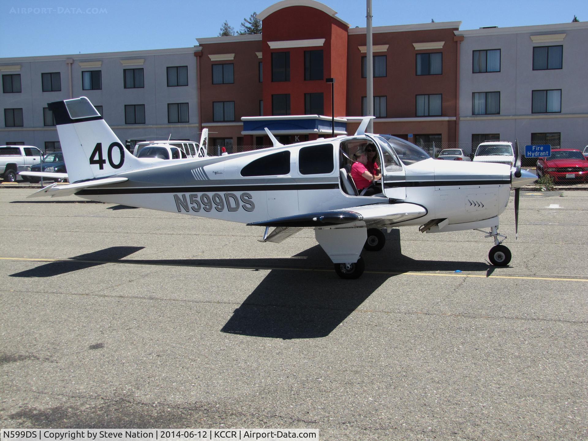 N599DS, 1967 Beech E33A Bonanza C/N CE-182, Ventura County, CA-based 1967 Beech E33A Bonanza arriving for the 2014 Air Race Classic as Race #40. Photo at Concord, CA prior to start of the cross country event. Pilots were Lucia Gaigano and Judy Phelps aka 