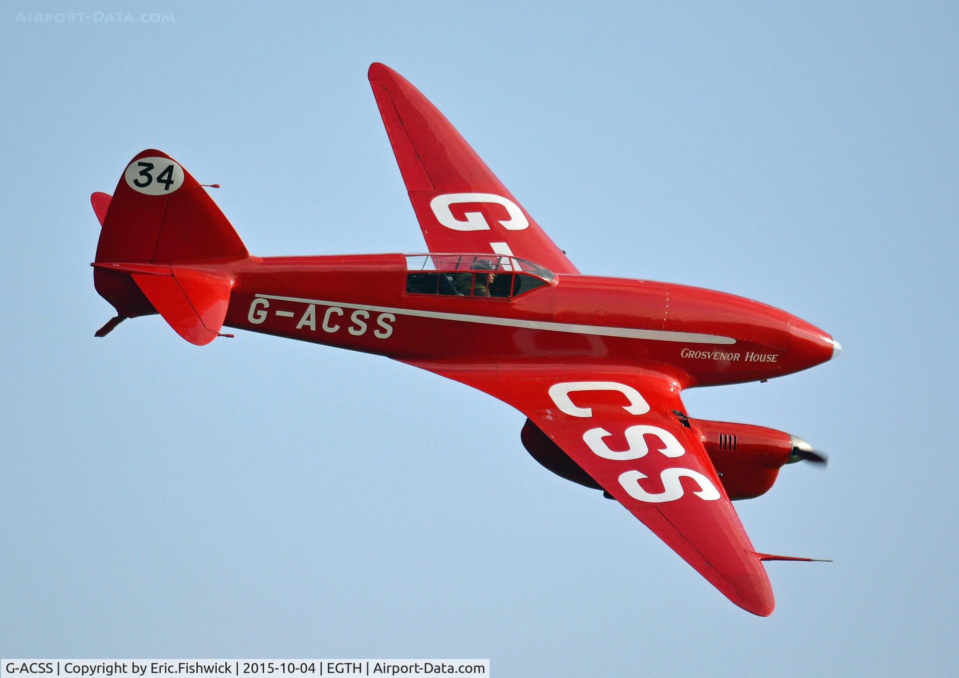 G-ACSS, 1934 De Havilland DH-88 Comet C/N 1996, 42. G-ACSS in display mode at The Shuttleworth 'Uncovered' Airshow (Finale,) Oct. 2015.