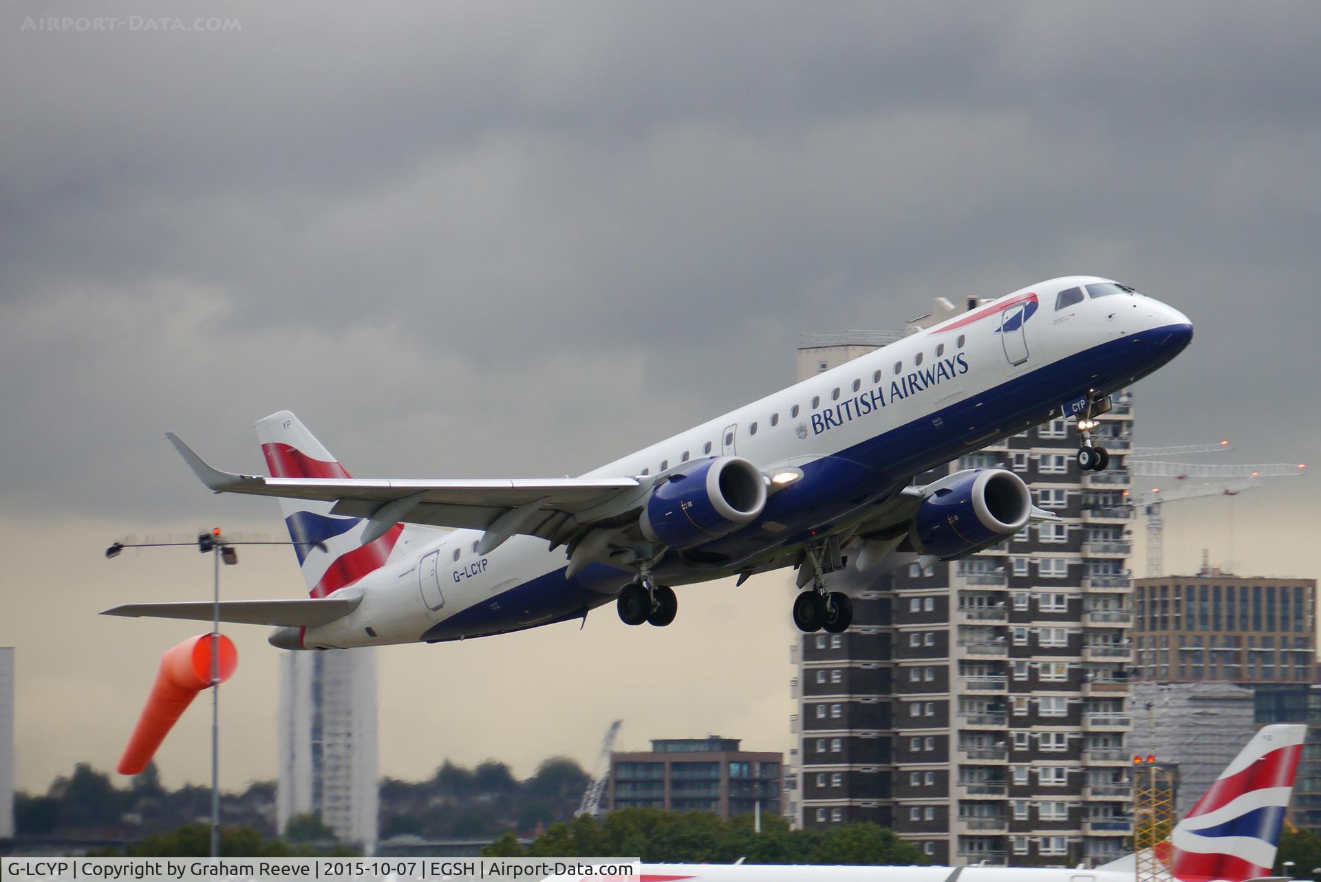 G-LCYP, 2011 Embraer 190SR (ERJ-190-100SR) C/N 19000443, Departing from London City.