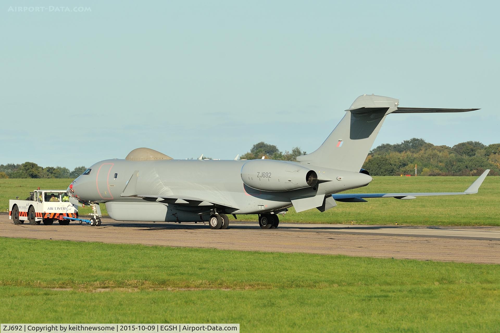 ZJ692, 2008 Bombardier BD-700-1A10 Sentinel R1 C/N 9131, Being towed to spray shop.