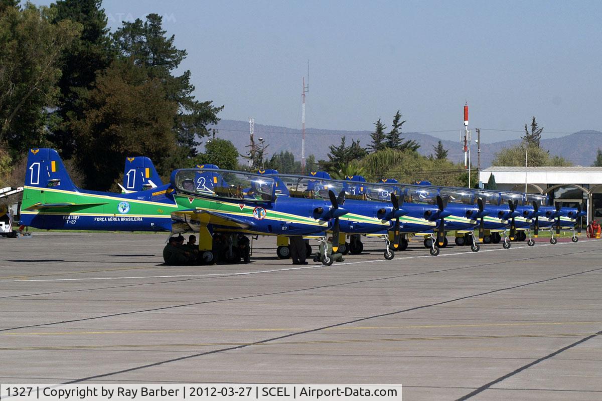 1327, Embraer T-27 Tucano (EMB-312) C/N 312031, Embraer T-27 Tucano [312031] (Brazilian Air Force) Santiago-Arturo Merino Benitez International~CC 27/03/2012. Along with a number of others in the display team.
