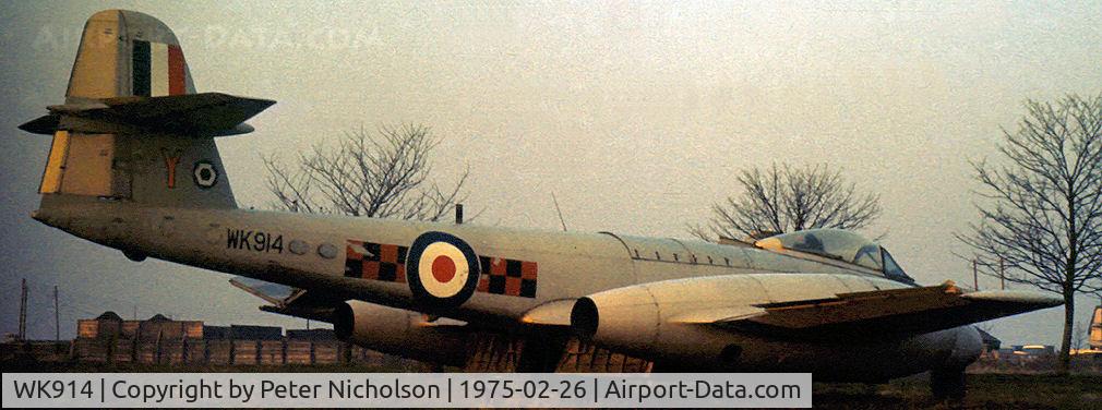 WK914, 1977 Gloster Meteor F.8 C/N AW.5220, Meteor F.8 of 85 Squadron as seen at RAF Manston in February 1975 where it was allocated for fire-training duties.