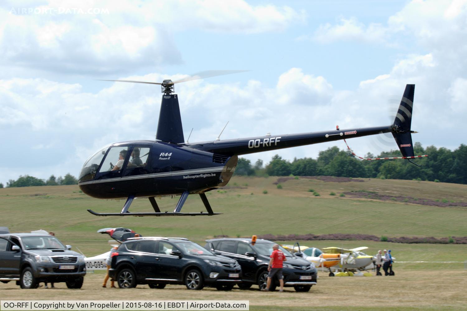 OO-RFF, 2005 Robinson R44 Raven II C/N 10961, Robinson R-44 arriving at the Schaffen-Diest fly-in 2015