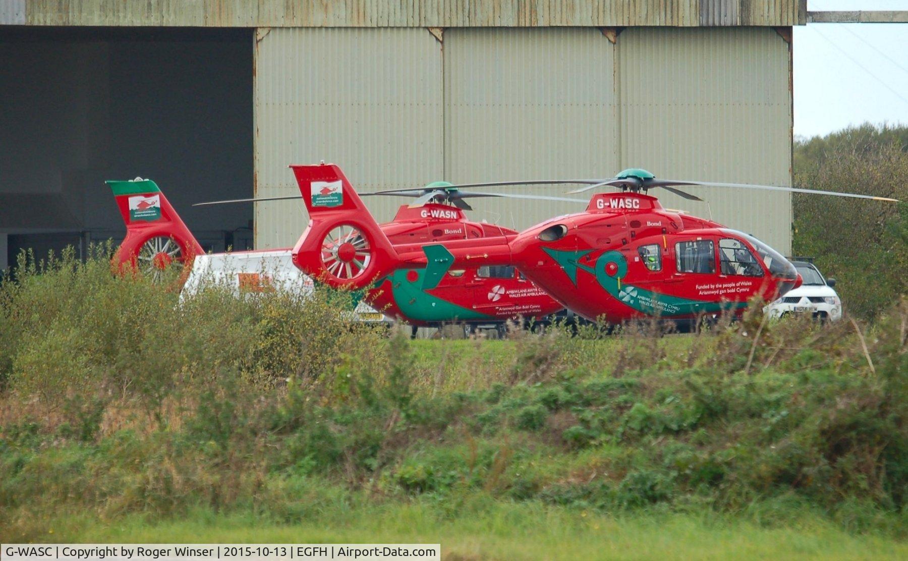 G-WASC, 2012 Eurocopter EC-135T-2+ C/N 1074, Wales Air Ambulance helicopter (Helimed 59) visiting the air ambulance base at Swansea Airport. Also in view is the resident helicopter G-WASN (Helimed 57).