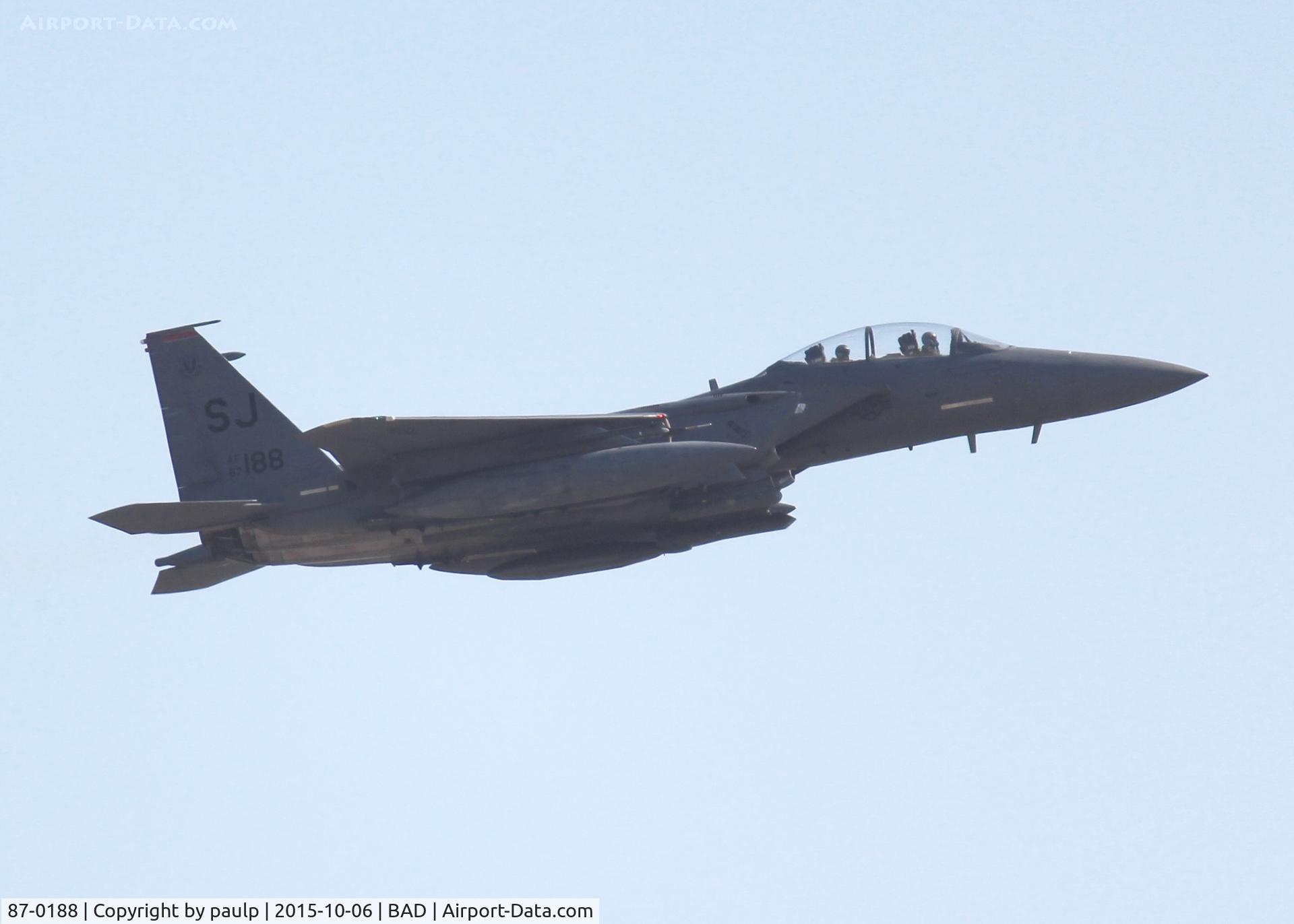 87-0188, 1987 McDonnell Douglas F-15E Strike Eagle C/N 1053/E028, Leaving Barksdale AFB going back home to Seymour Johnson AFB after spending a few days down south seeing what way the hurricane was going to go.