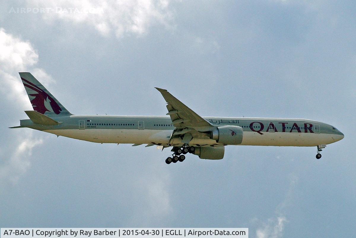 A7-BAO, 2008 Boeing 777-3DZ/ER C/N 36011, Boeing 777-3DZER [36011] (Qatar Airways) Home~G 30/04/2015. On approach 27L.