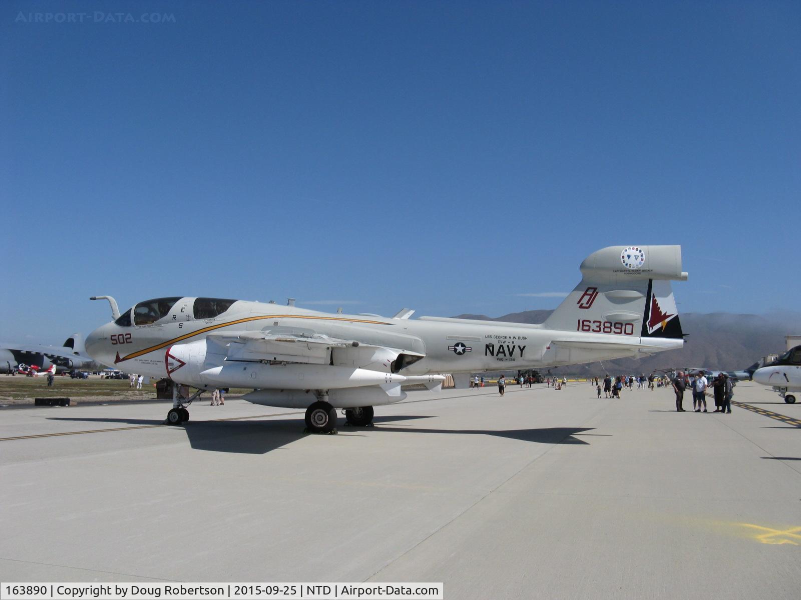 163890, Grumman EA-6B Prowler C/N P-165, Grumman EA-6B PROWLER, two P&W J52-P-408A Turbojets 11,200 lb st each, Electronic Warfare Jammer 4-place aircraft retired from service of VAQ-134 GARUDAS, NAS Whidbey Island. Note RED BuNo.