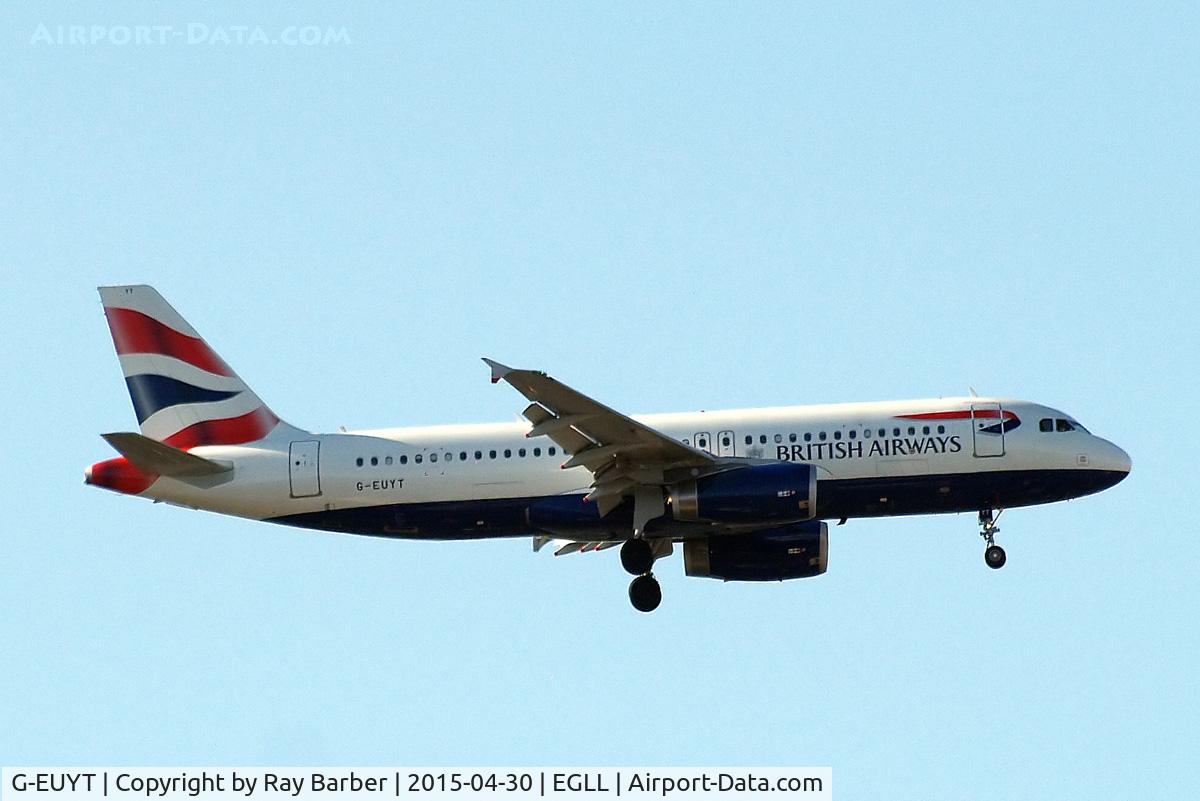 G-EUYT, 2014 Airbus A320-232 C/N 5985, Airbus A320-232 [5985] (British Airways) Home~G 30/04/2015. On approach 27L just prior to sharklets being applied.