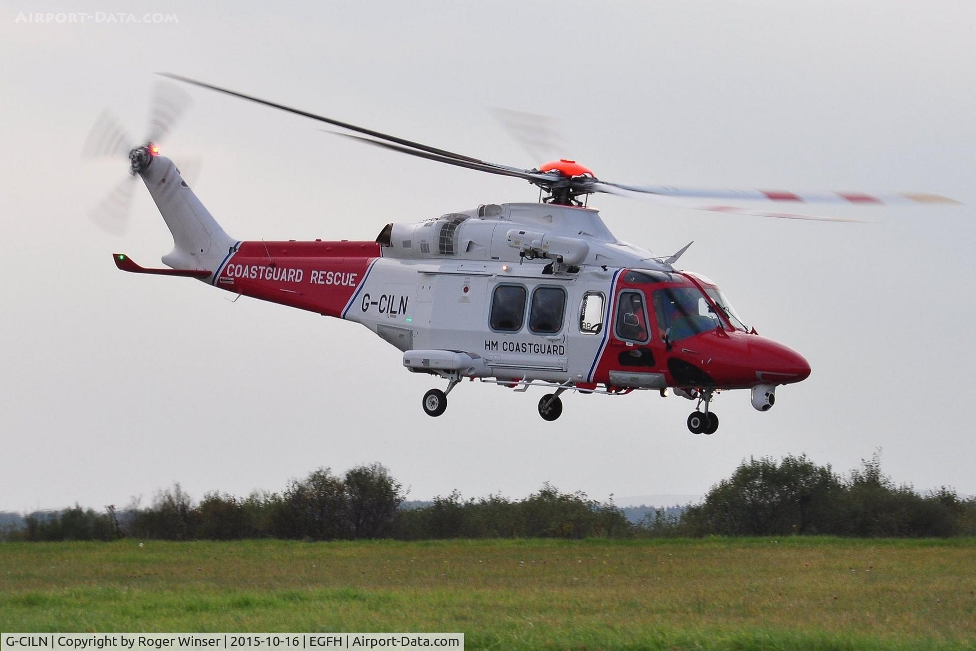 G-CILN, 2014 AgustaWestland AW-139 C/N 31586, Visiting HM Coastguard rescue helicopter (Rescue 187) departing Runway 04 after taking on fuel.