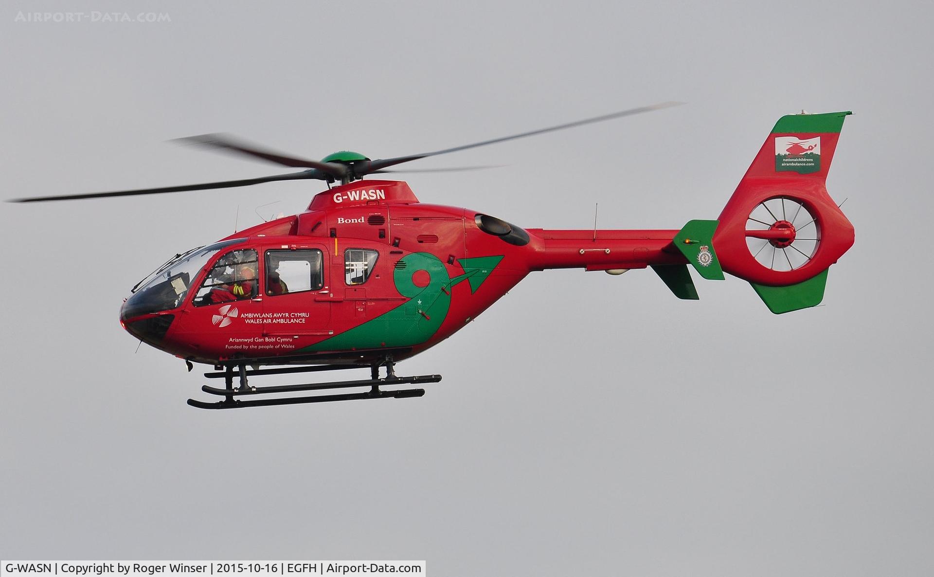 G-WASN, 2008 Eurocopter EC-135T-2+ C/N 0746, Resident Wales Air Ambulance helicopter (Helimed 57) departing base.
