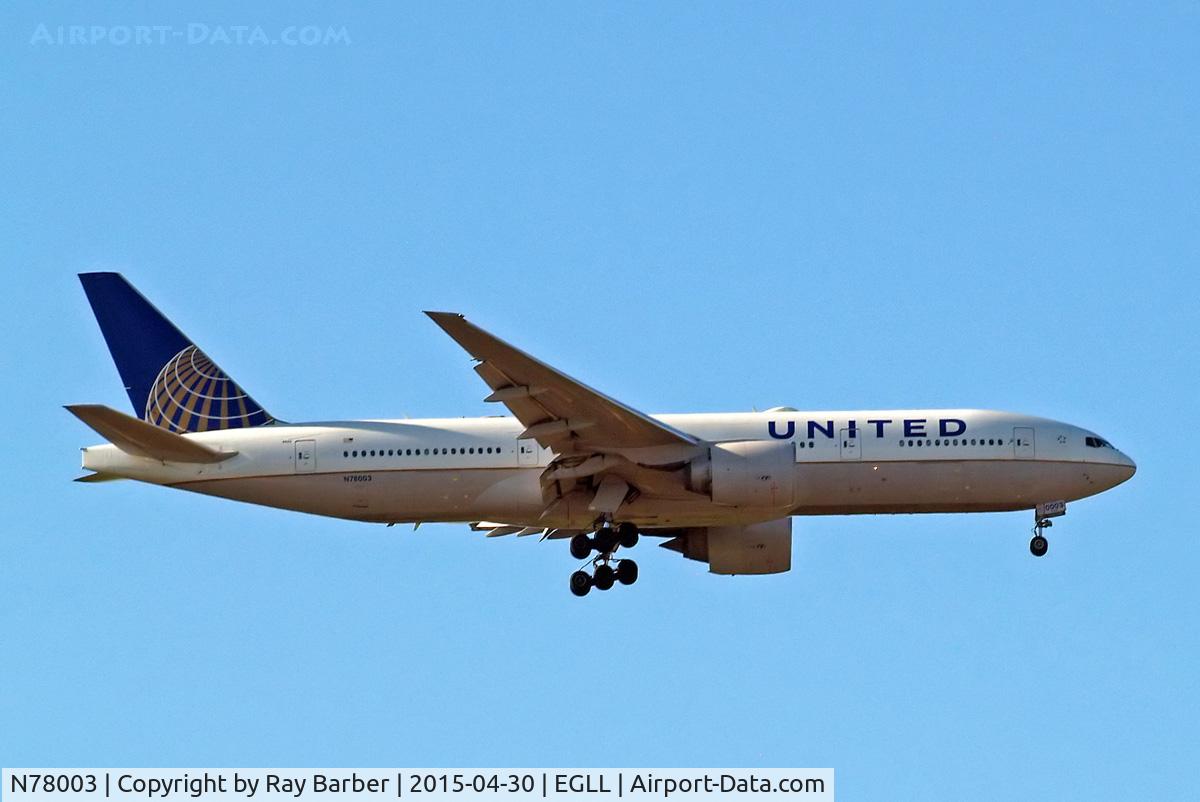 N78003, 1998 Boeing 777-224 C/N 27579, Boeing 777-224ER [27579] (United Airlines) Home~G 30/04/2015. On approach 27L.