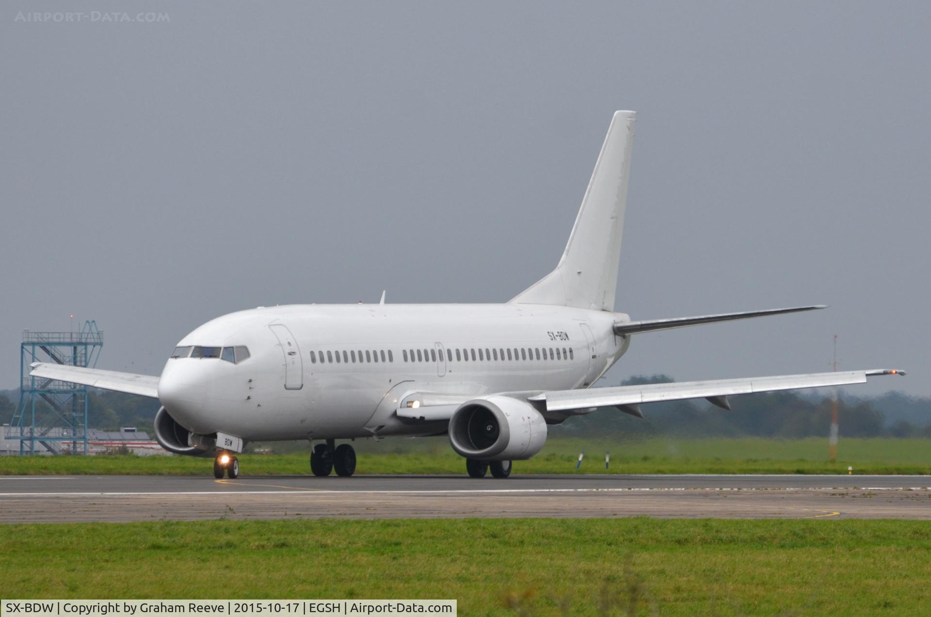 SX-BDW, 1997 Boeing 737-37Q C/N 28537, Just landed at Norwich.